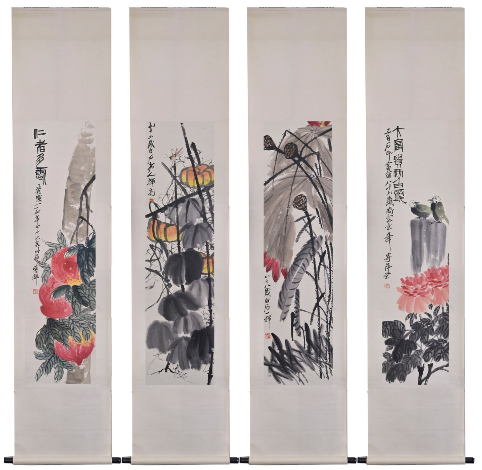 A Set of Chinese Vertical Scroll Ink Painting of Flower and Bird on Paper: A Set of Chinese Vertical Scroll Ink Painting of Flower and Bird on Paper,Qi Baishi,Size:52.8inx13in