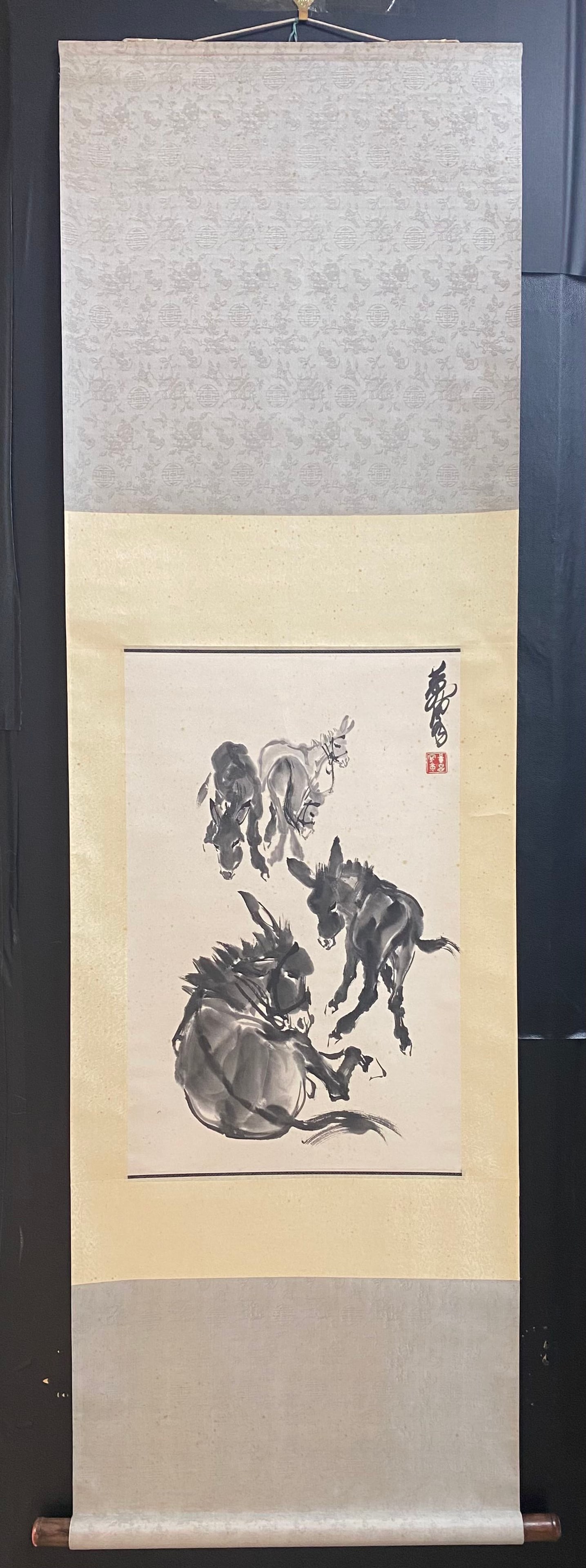 A Chinese Vertical Scroll Ink Painting of Donkey on Paper: A Chinese Vertical Scroll Ink Painting of Donkey on Paper,Huang Zhou,Size:27.2inx17.3in 一幅中国水墨驴画立轴,黄胄