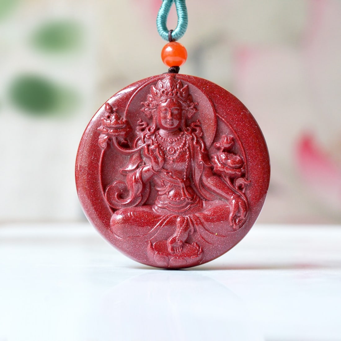 An Exquisite Cinnabar Pendant with Statue of Samantabhadra: An Exquisite Cinnabar Pendant with Statue of Samantabhadra,Size:1.4inx1.5in,Weight:28.24g 朱砂挂件带普贤菩萨像