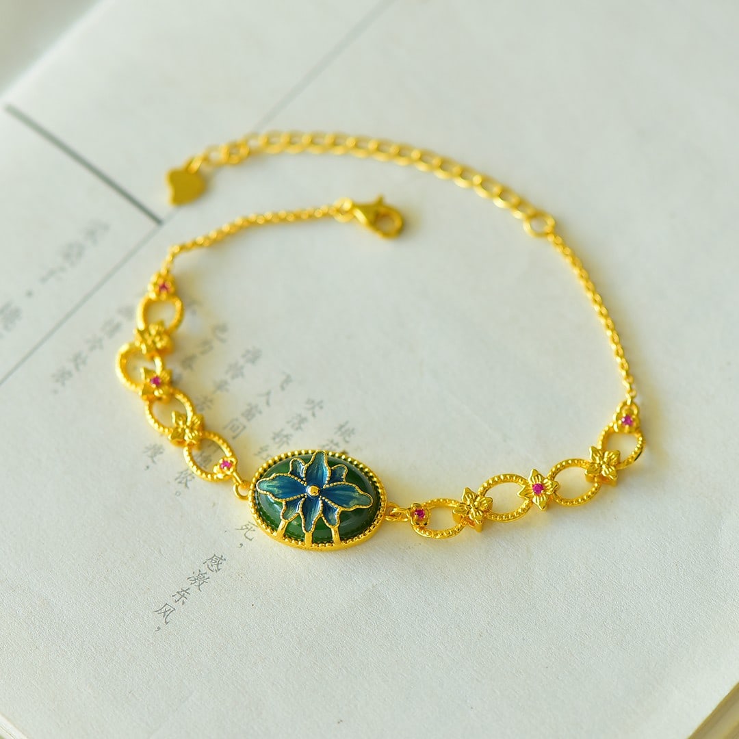 An Exquisite Sterling Silver-Gold Plated Inlaid Jasper Enamel Bracelet: An Exquisite Sterling Silver-Gold Plated Inlaid Jasper Enamel Bracelet,Size:0.5inx0.6in 纯银镀金镶碧玉珐琅手链