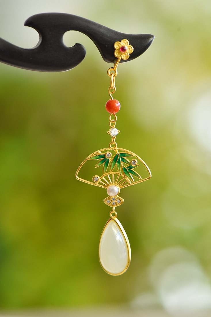 An Exquisite Sterling Silver-Gold Plated Inlaid White Jade Ebony Hairpin: An Exquisite Sterling Silver-Gold Plated Inlaid White Jade Ebony Hairpin, 纯银镀金镶白玉黑檀木发簪