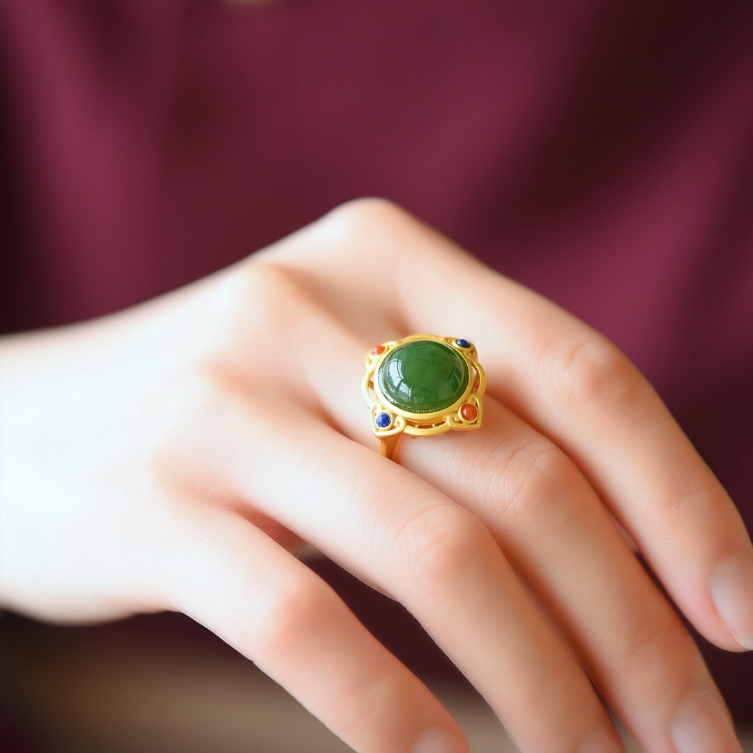 An Exquisite Sterling Silver-Gold Plated Inlaid Jasper Ring: An Exquisite Sterling Silver-Gold Plated Inlaid Jasper Ring,Size:0.5inx0.5in 纯银镀金镶碧玉戒指