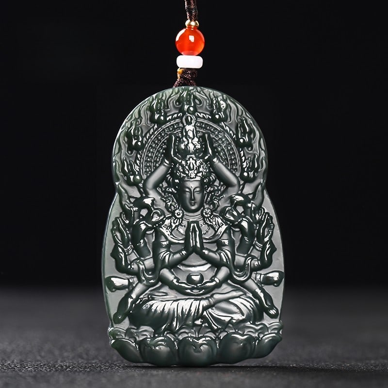 An Exquisite Cyan jade Statue of Thousand-Hand Avalokitesvara Pendant: An Exquisite Cyan jade Statue of Thousand-Hand Avalokitesvara Pendant,Size:2.4inx1.5inx0.4in 青玉千手观音像挂件