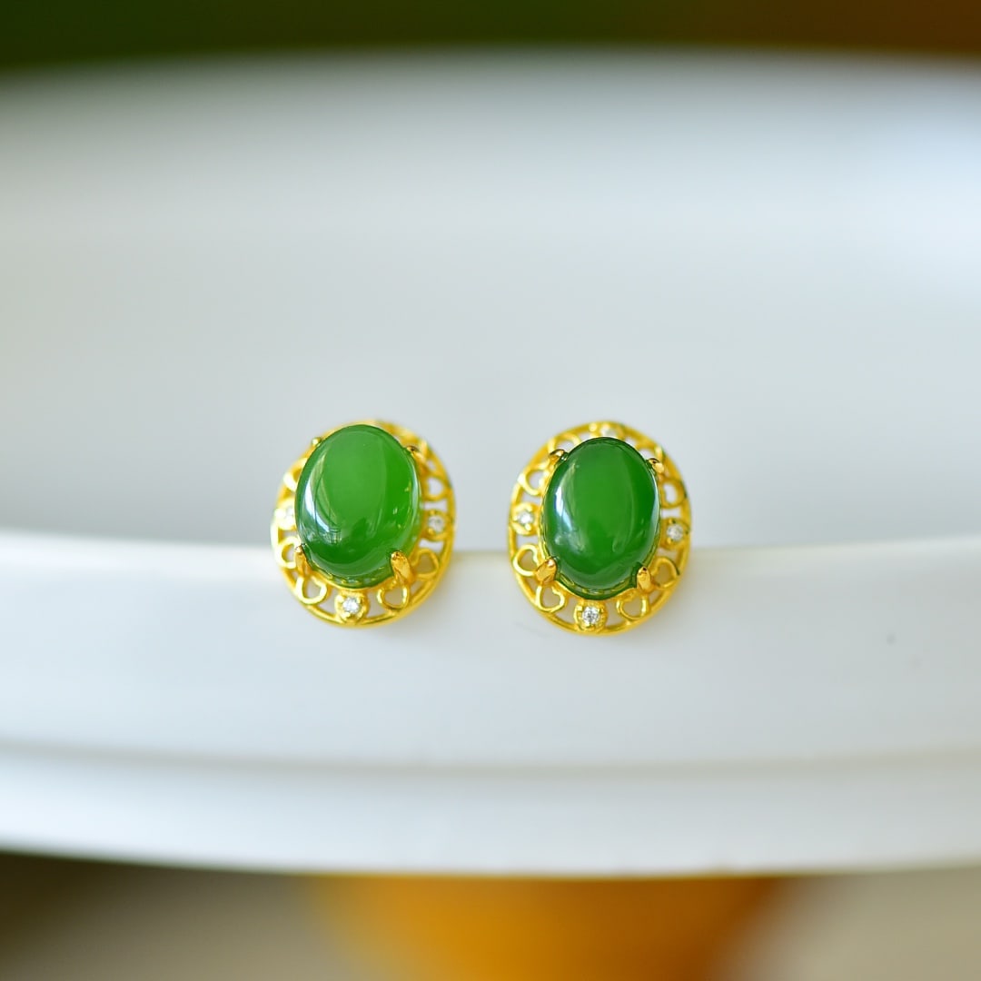 A Pair of Exquisite Sterling Silver-Gold Plated Inlaid Jasper Earrings,Inlaid Diamond: A Pair of Exquisite Sterling Silver-Gold Plated Inlaid Jasper Earrings,Inlaid Diamond,Size:0.3inx0.4in