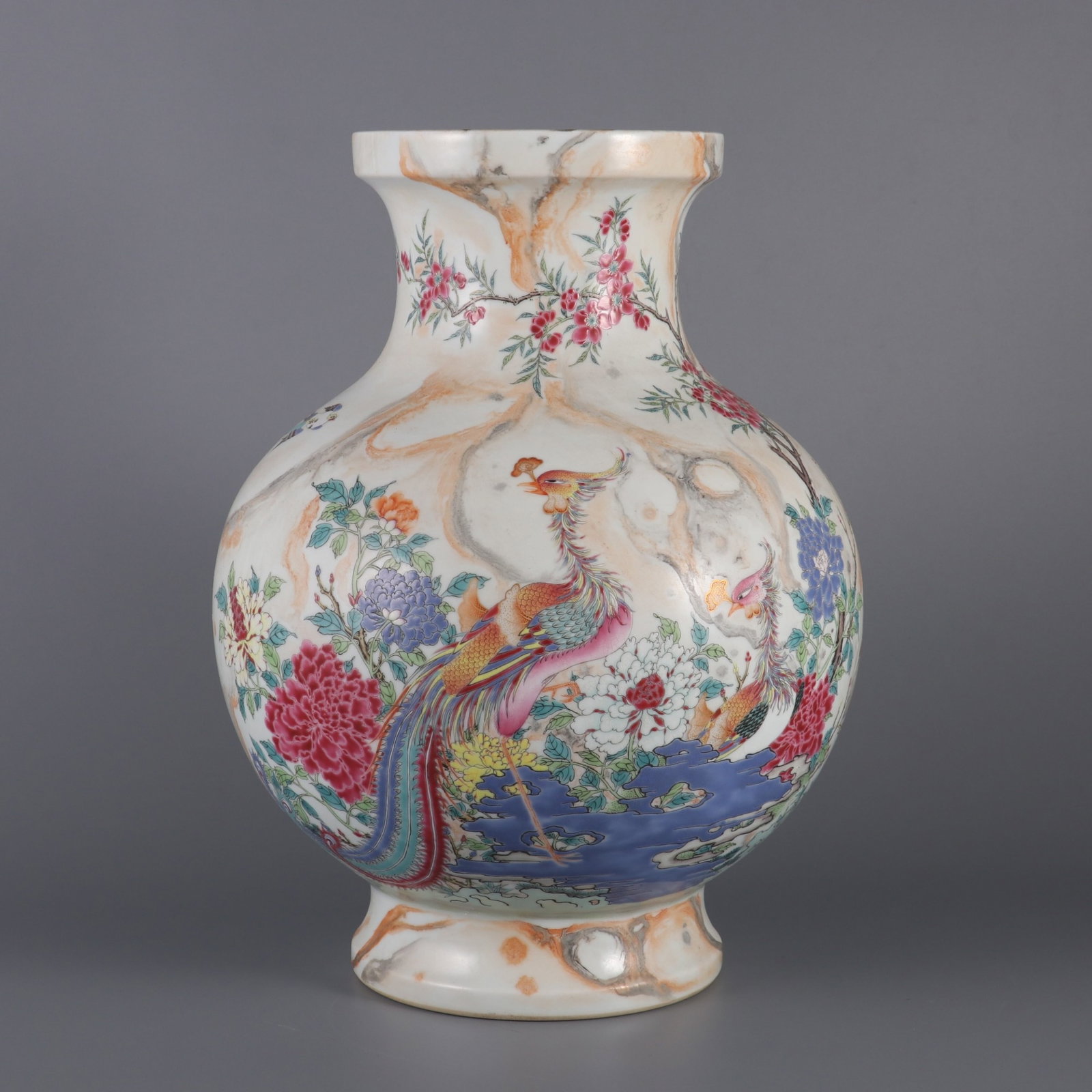 An Exquisite Marble Glazed Famille-Rose Flower and Phoenix Pattern Vase (1 of 9)