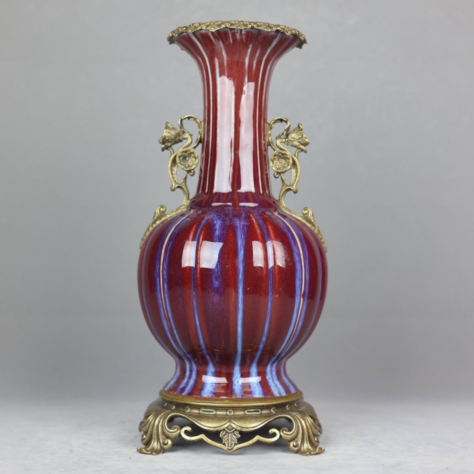 A Huge Flambe Glazed Inlaid Bronze Double-Ears Vase: A Huge Flambe Glazed Inlaid Bronze Double-Ears Vase,Qing Dynasty,China,Yongzheng Six-character Mark,Size:17.3inx7.5in 窑变釉镶铜双耳瓶,中国&