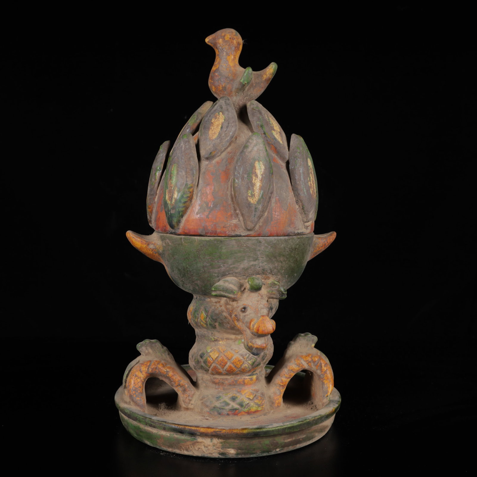 An Exquisite Tang Tri-Color Glazed Pottery Animal Censer: An Exquisite Tang Tri-Color Glazed Pottery Animal Censer,Tang Dynasty,China,Size:11.4inx6.7inx6.7in,Weight:1300g