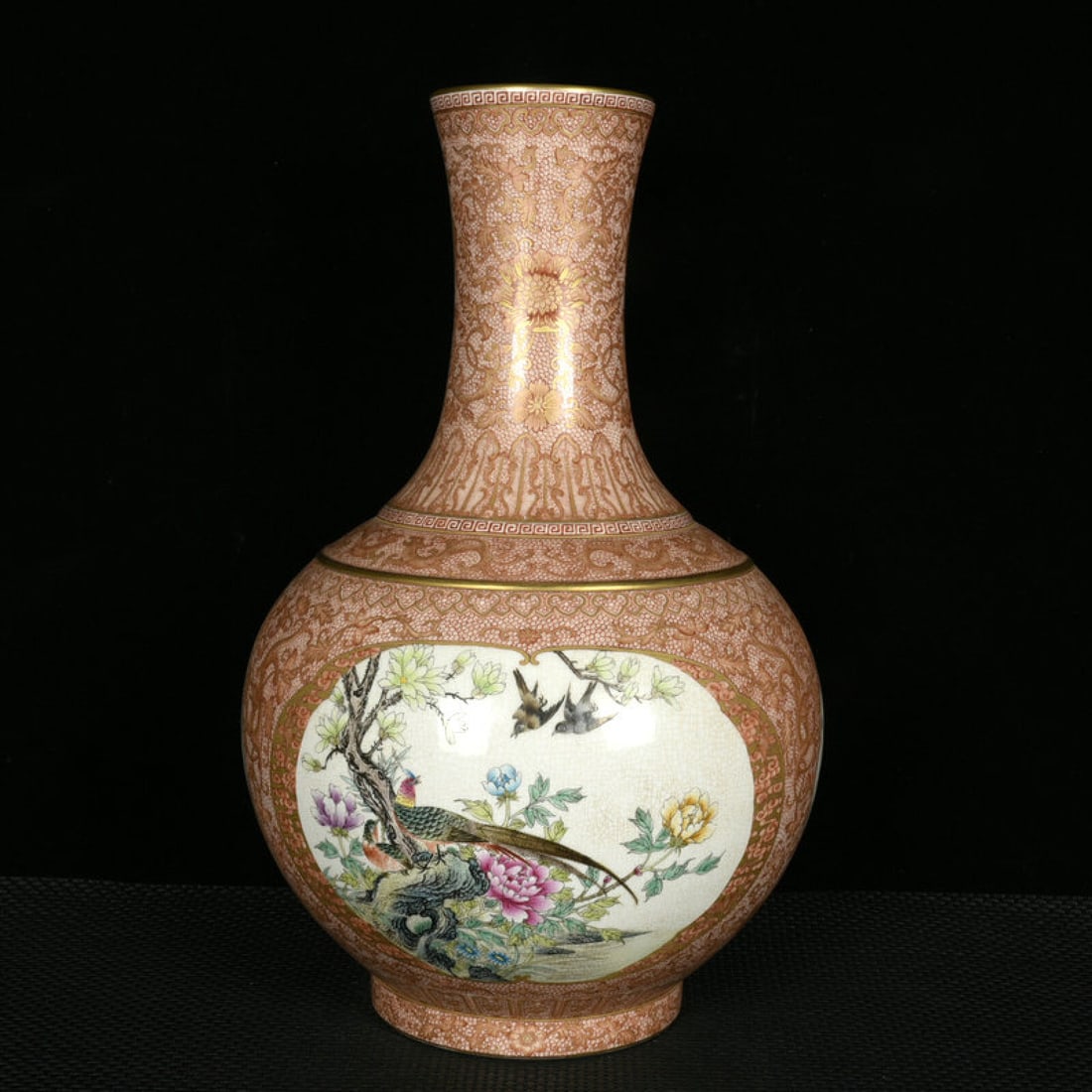 A Huge Iron-Red Enamel Painted Gold Flower and Bird Pattern Vase: A Huge Iron-Red Enamel Painted Gold Flower and Bird Pattern Vase,Qing Dynasty,China,Qianlong Six-character Mark,Size:16.5inx10.2in 矾红珐琅彩描金花Ɣ