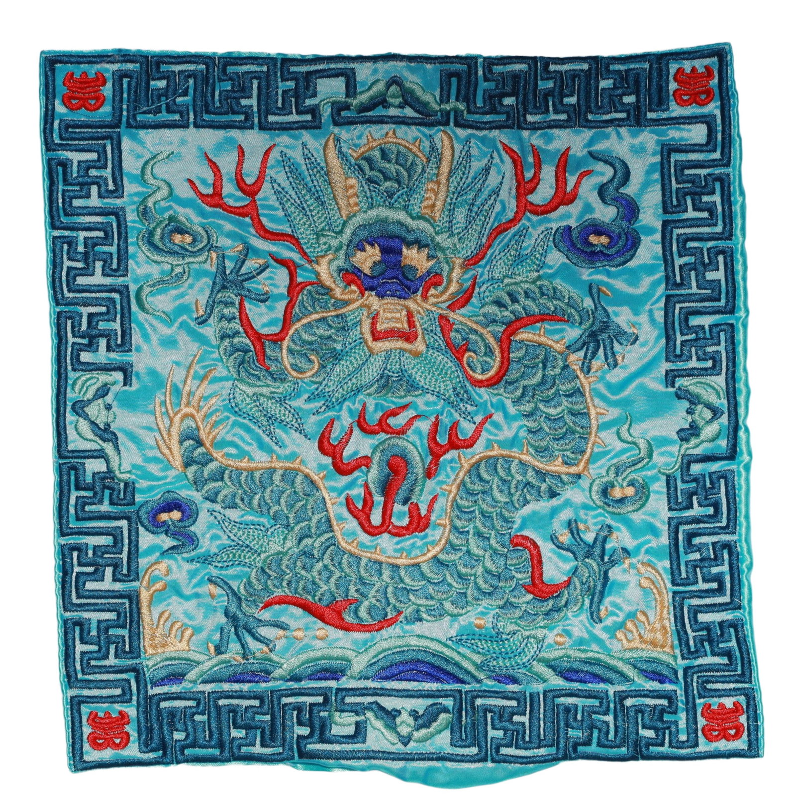 An Exquisite Embroidery Dragon Pattern Civil Official Rank Badges: An Exquisite Embroidery Dragon Pattern Civil Official Rank Badges,Qing Dynasty,China,Size:10.2inx10.2in 刺绣龙官补,中国清代