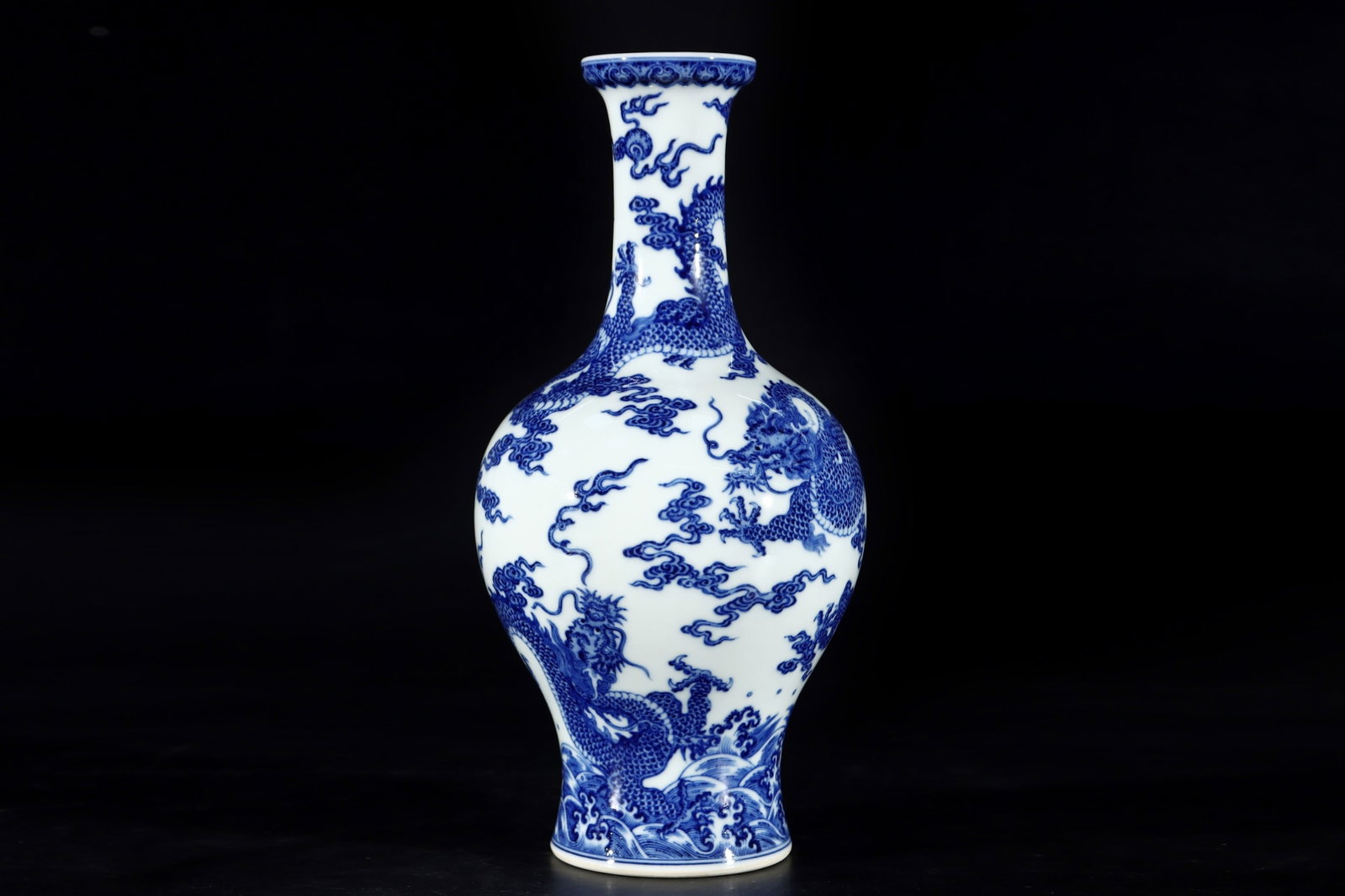 A Rare Blue and White Auspicious Cloud and Dragon Pattern Vase: A Rare Blue and White Auspicious Cloud and Dragon Pattern Vase,Qing Dynasty,China,Qianlong Six-character Mark,Size:12.3inx6.2in