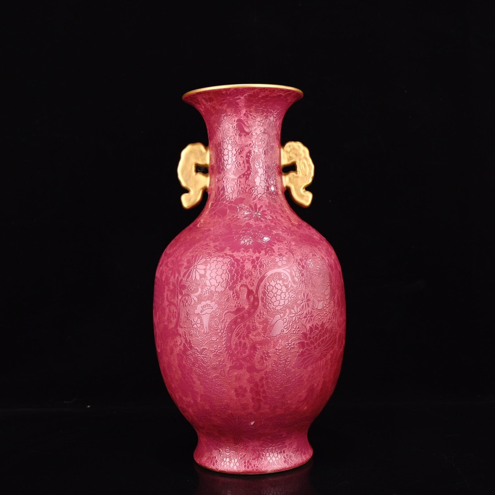 A Rare Ruby Red-Glazed Flower and Dragon Pattern Double-Ears Vase: A Rare Ruby Red-Glazed Flower and Dragon Pattern Double-Ears Vase,Qing Dynasty,China,Qianlong Six-character Mark,Size:13.4inx7.1in 胭脂红花卉龙纹双ň
