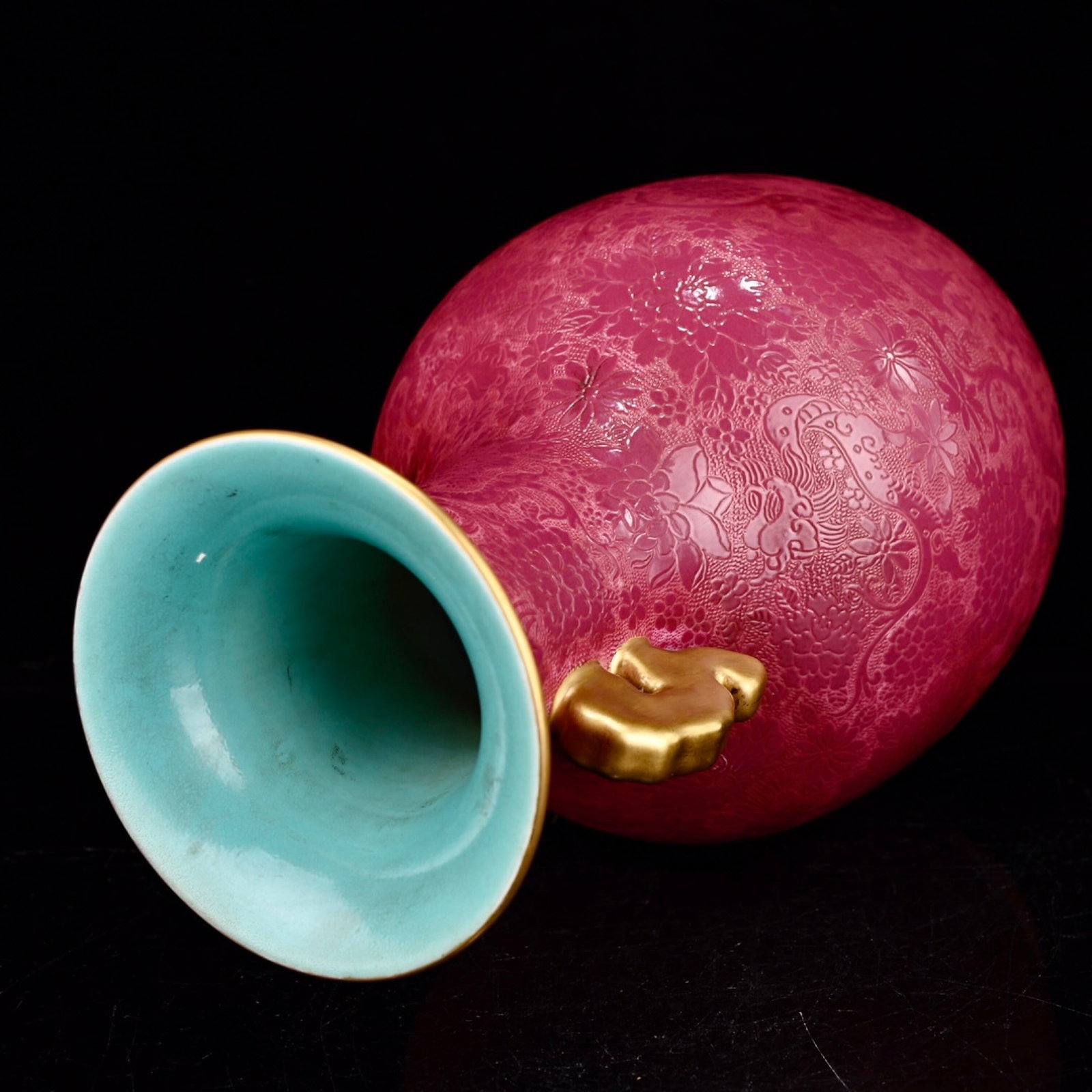 A Rare Ruby Red-Glazed Flower and Dragon Pattern Double-Ears Vase - 8