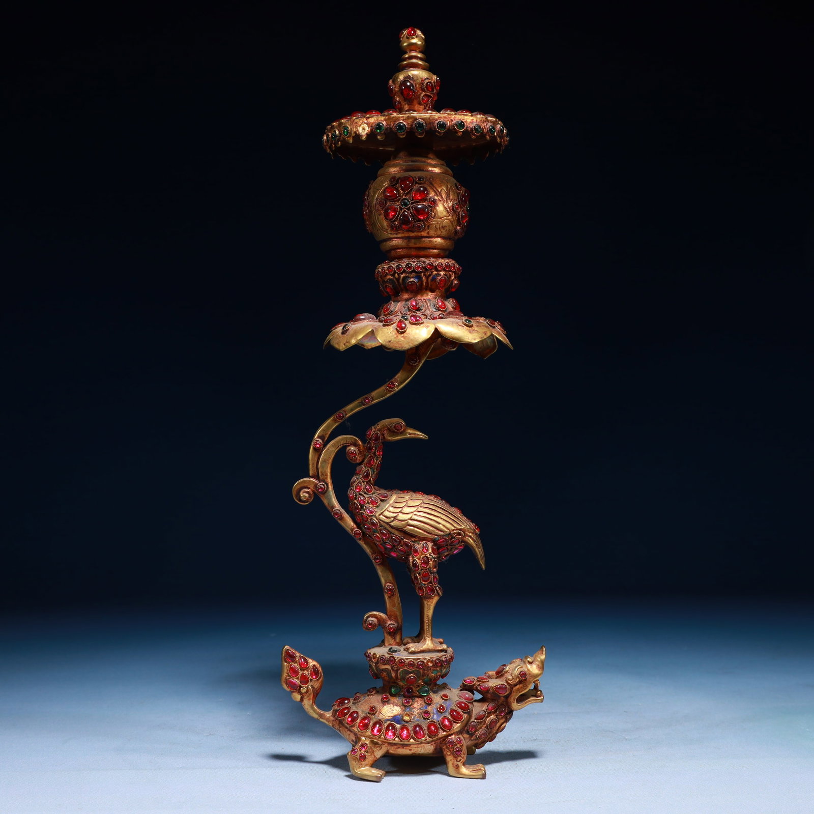 An Exquisite Gilt Bronze Auspicious Beast Ornament,Inlaid Gems: An Exquisite Gilt Bronze Auspicious Beast Ornament,Inlaid Gems,Qing Dynasty,China,Qianlong Four-character Mark,Size:4.7inx3.5inx14.2in,Weight:1500g