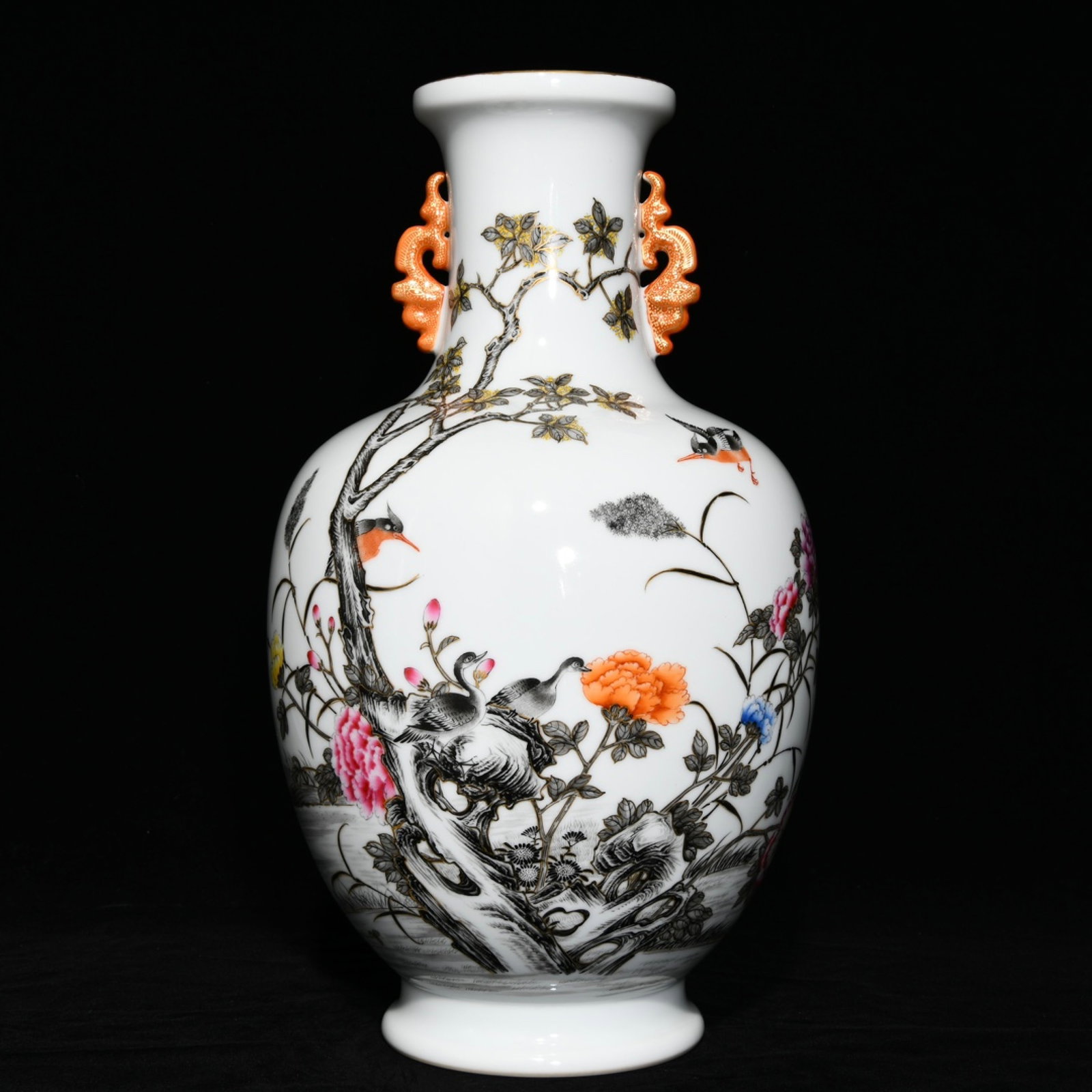 A Huge Ink Color Flower and Bird Pattern Double-Ears Vase,with poem: A Huge Ink Color Flower and Bird Pattern Double-Ears Vase,with poem,Qing Dynasty,China,Qianlong Six-character Mark,Size:16.1inx8.7in 墨彩花鸟纹双耳瓶,&#