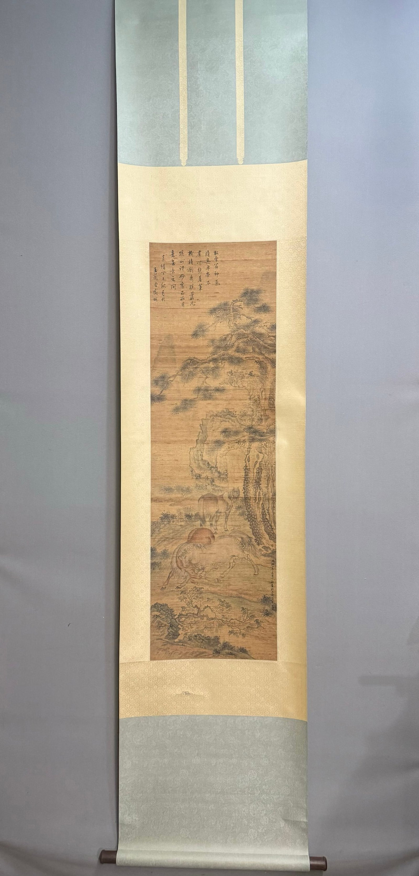 A Chinese Vertical Scroll Ink Painting of Pine and Horse on Silk: A Chinese Vertical Scroll Ink Painting of Pine and Horse on Silk,Zhao Mengfu,Size:43.3inx13in 一幅中国水墨绢本松马画立轴,&