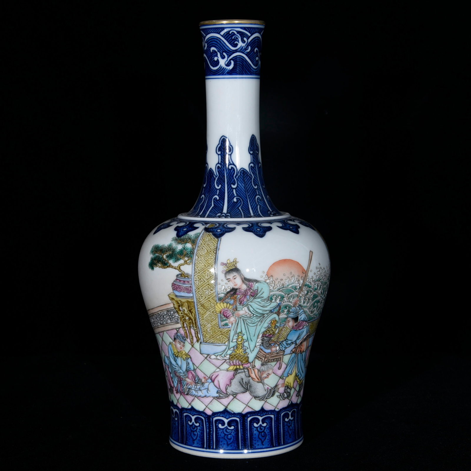 An Exquisite Enamel Painted Gold Blue and White Character and Story Pattern Vase: An Exquisite Enamel Painted Gold Blue and White Character and Story Pattern Vase,Qing Dynasty,China,Qianlong Six-character Mark,Size:9.1inx4.3in
