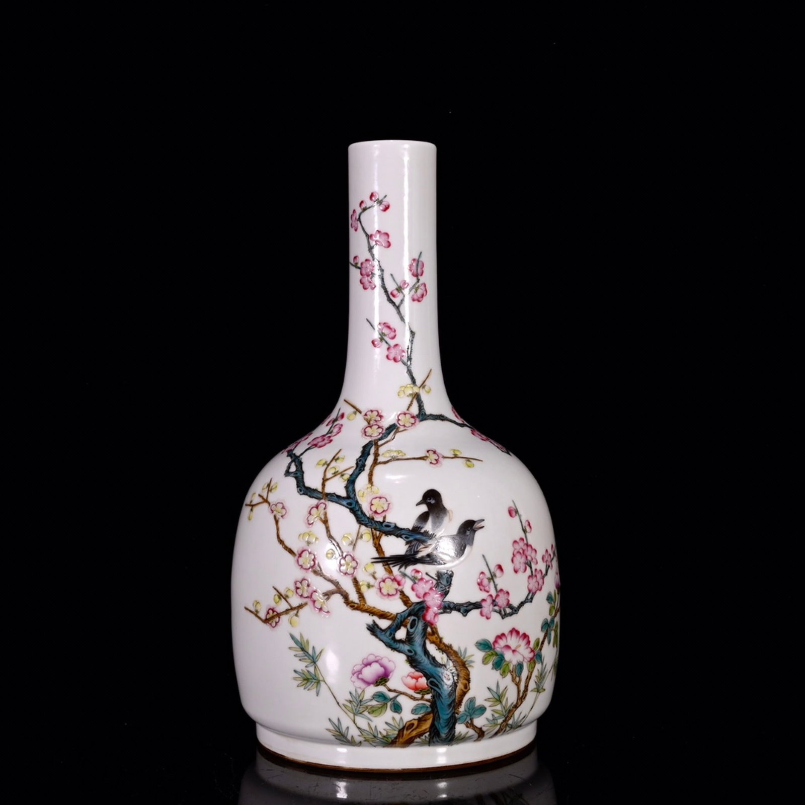 A Rare Famille-Rose Flower and Bird Pattern Vases,with poem: A Rare Famille-Rose Flower and Bird Pattern Vases,with poem,Qing Dynasty,China,Qianlong Six-character Mark,Size:13.4inx7.5in 粉彩花鸟纹瓶,带诗文,&