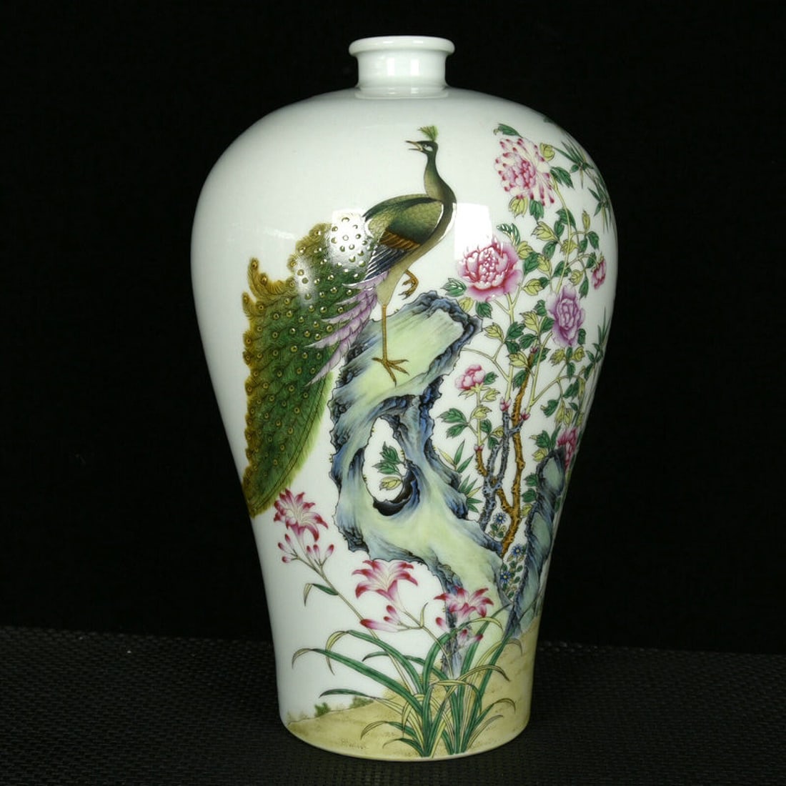 A Rare Enamel Painted Gold Flower and Peacock Pattern Vase,with poem: A Rare Enamel Painted Gold Flower and Peacock Pattern Vase,with poem,Qing Dynasty,China,Yongzheng Six-character Mark,Size:12.6inx7.9in