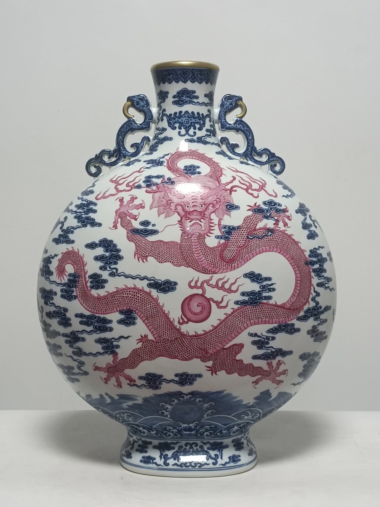 A Huge Blue and White Ruby red-Glazed Auspicious Cloud and Dragon Pattern Double-Ears Vase - 3