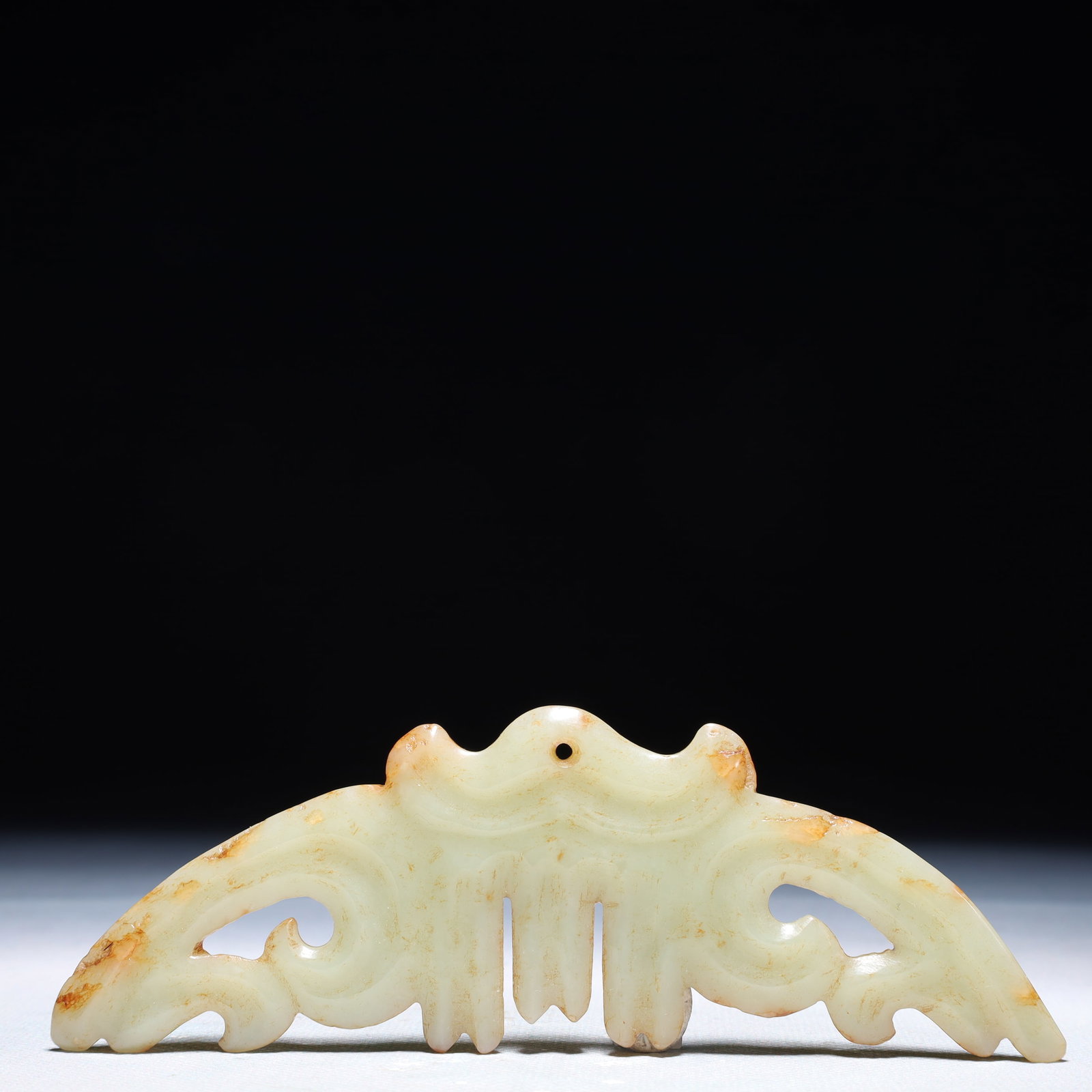 An Archaic Hongshan Culture White Jade Bat Pendant: An Archaic Hongshan Culture White Jade Bat Pendant,Ancient Time,China,Size:5.7inx1.8in,Weight:48.7g 红山文化白玉蝙蝠挂件,中国