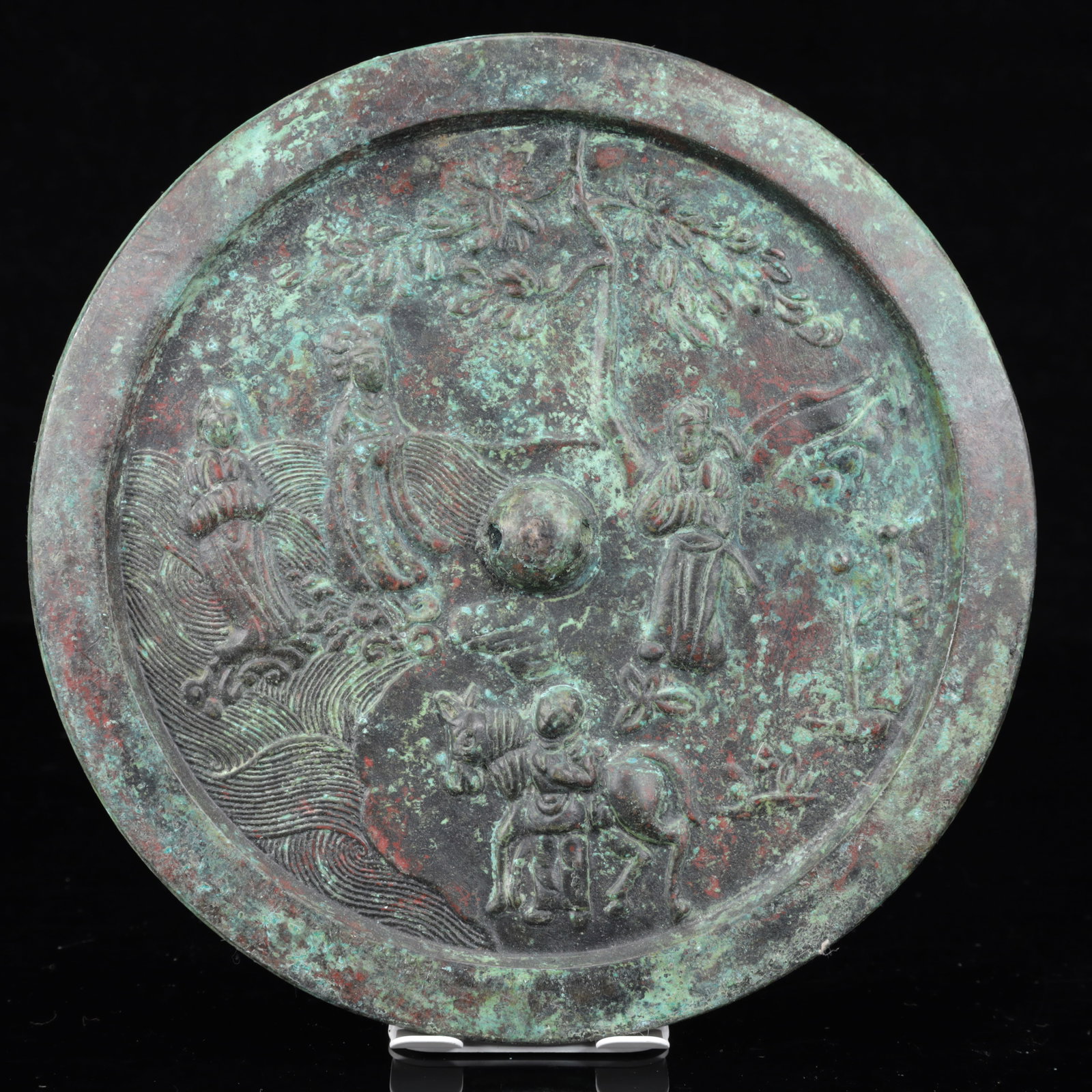 An Archaic Bronze Character and Story Pattern Round Mirror: An Archaic Bronze Character and Story Pattern Round Mirror,The Warring States period in China,Size:8.3inx0.8in,Weight:1600g 青铜人物故事纹圆镜,