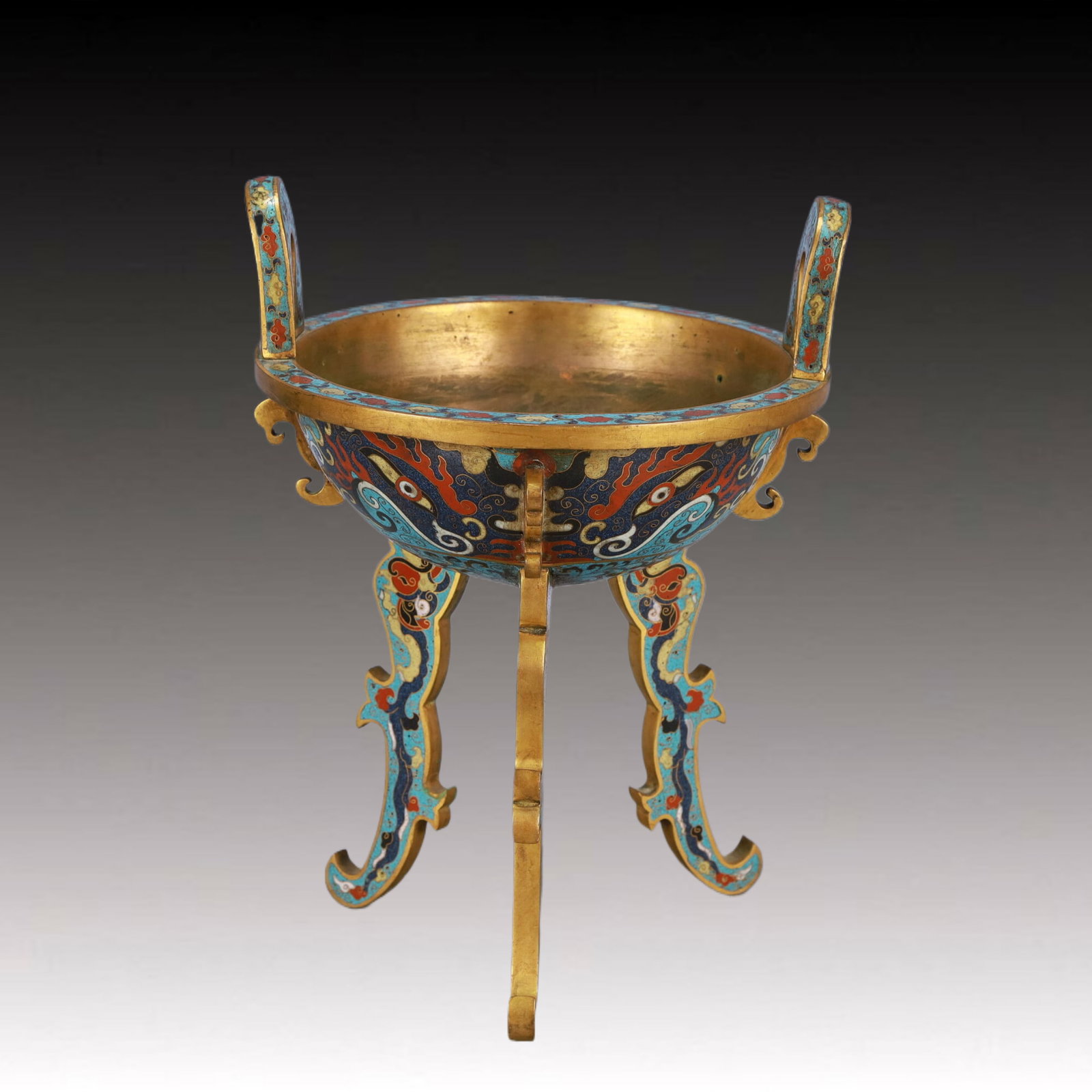 An Exquisite Cloisonne Beast-Face Pattern Double-Ears and Tripod Censer: An Exquisite Cloisonne Beast-Face Pattern Double-Ears and Tripod Censer,Qing Dynasty,China,Size:8.9inx8.7in,Weight:2700g 景泰蓝兽面纹双耳三足