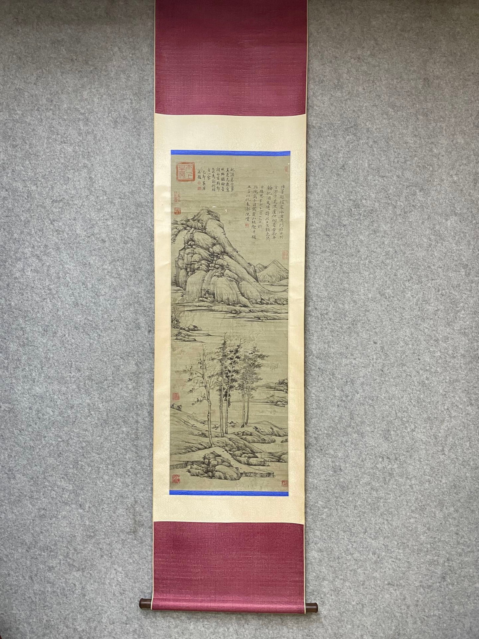 A Chinese Vertical Scroll Ink Painting of Landscape on Paper: A Chinese Vertical Scroll Ink Painting of Landscape on Paper,Ni Zan,Size:16.9inx48.4in 一幅中国水墨山水画立轴,倪瓒
