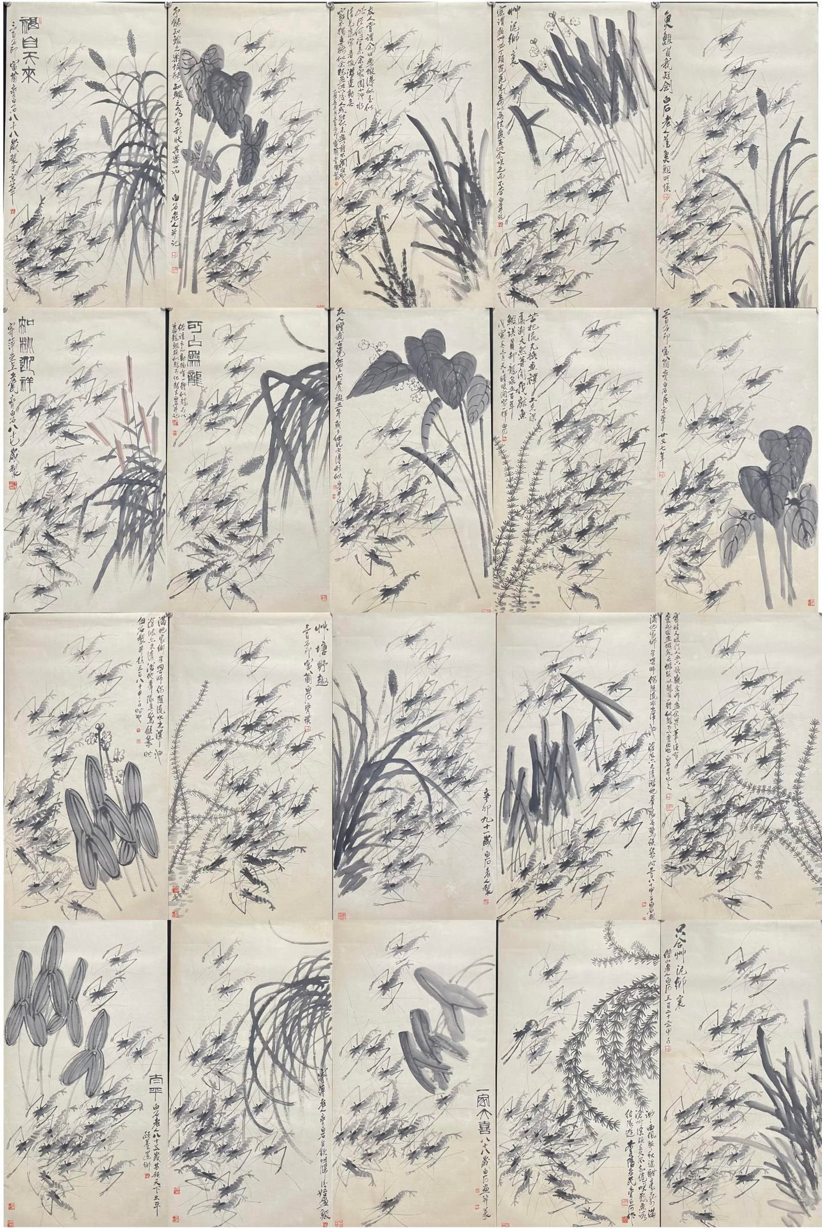 A Set of Chinese Ink Painting of Shrimp on Paper: A Set of Chinese Ink Painting of Shrimp on Paper,Qi Baishi,Size:26.8inx53.9in 一套中国水墨虾画,齐白石