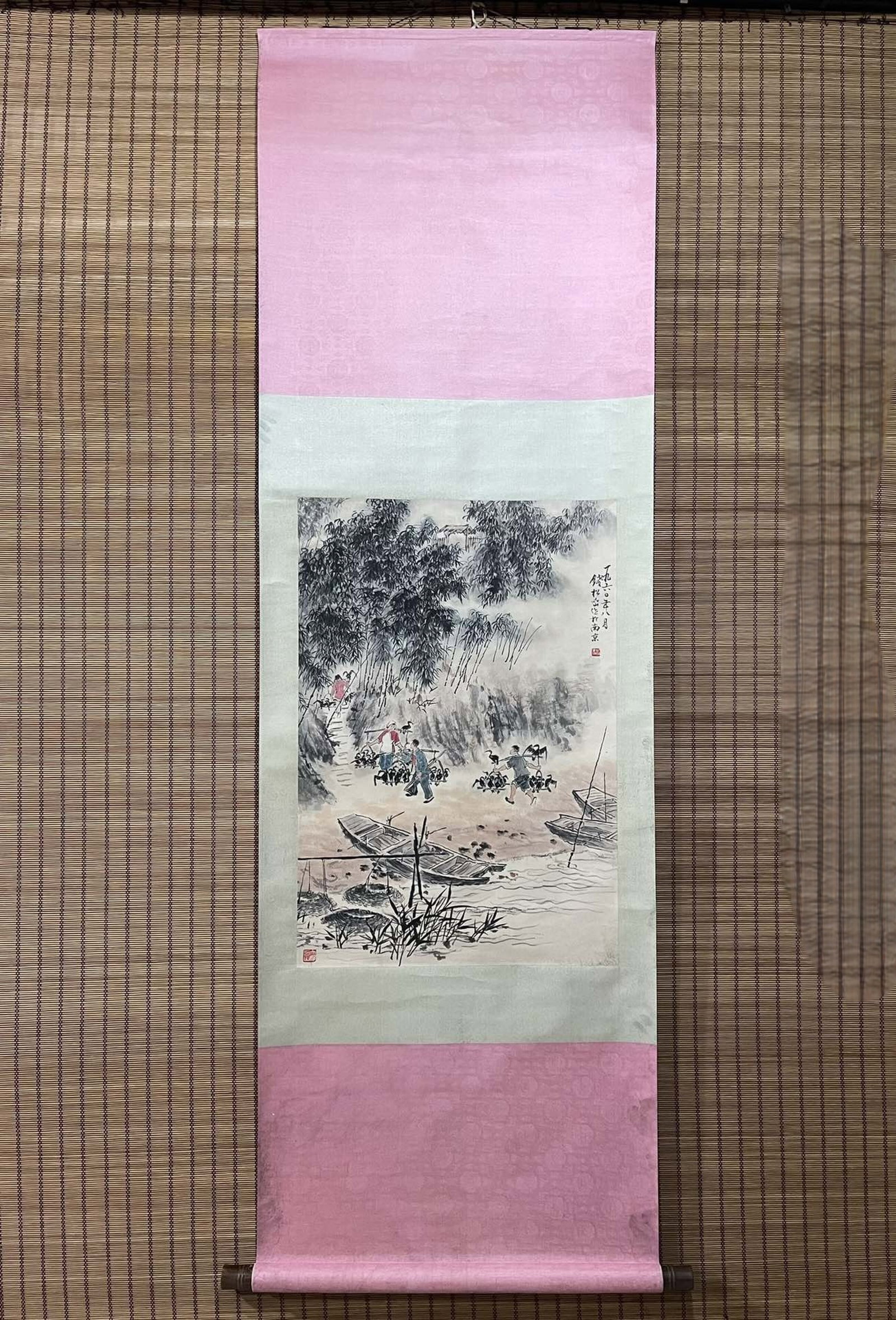 A Chinese Vertical Scroll Ink Painting of Figure and Story on Paper: A Chinese Vertical Scroll Ink Painting of Figure and Story on Paper,Qian Songyan,Size:20.1inx29.5in 一幅中国水墨人物故事画立$