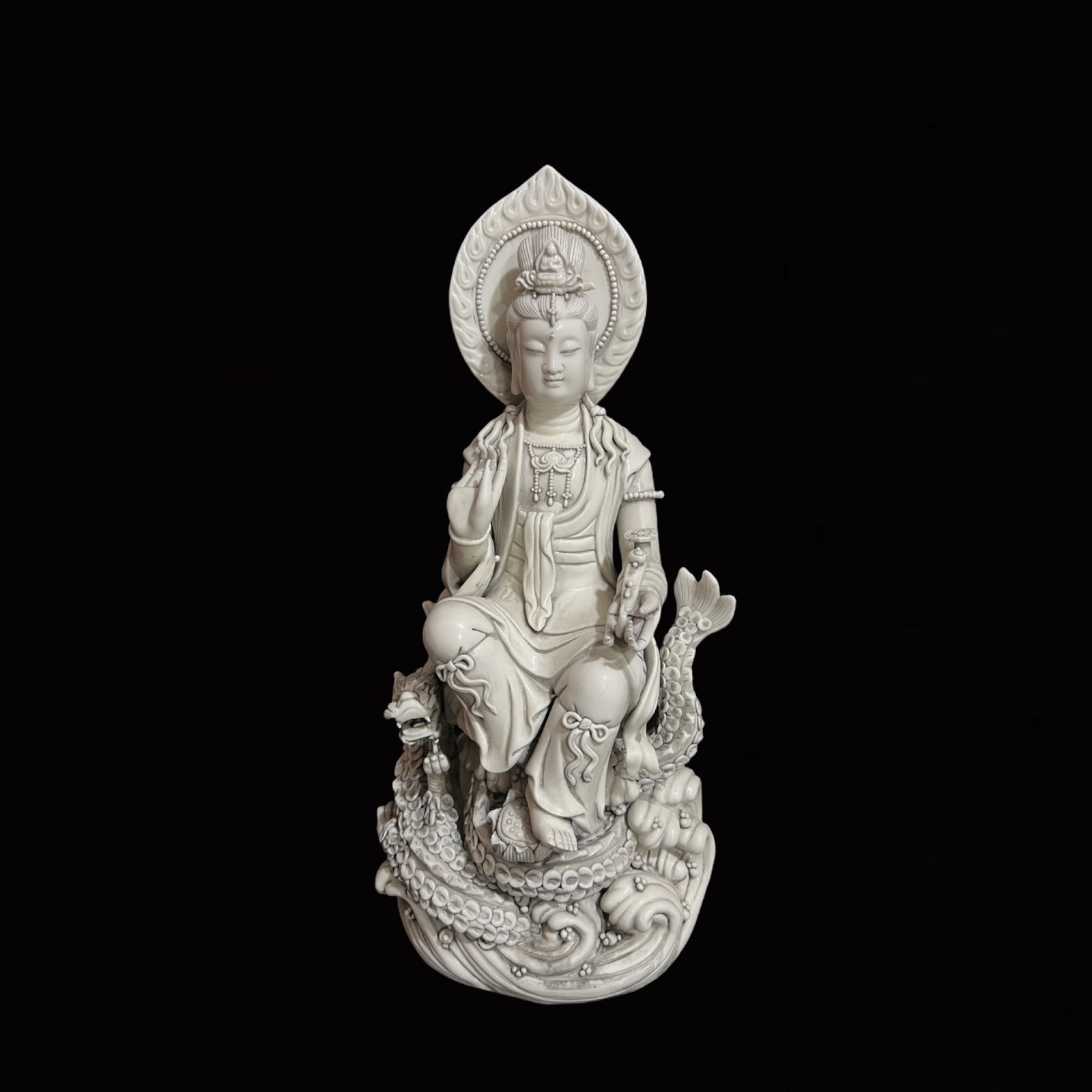 A Solemn Blance-De-Chine Statue of Avalokitesvara: A Solemn Blance-De-Chine Statue of Avalokitesvara,Ming Dynasty,China,He Chaozong Mark,Size:18.5in 德化瓷观音像,中国明代,何朝