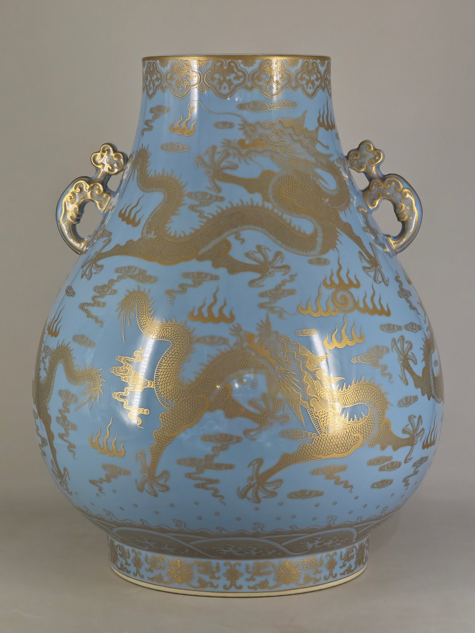 A Huge Sky Blue Glazed Painted Gold Dragon Pattern Double-Ears Vase: A Huge Sky Blue Glazed Painted Gold Dragon Pattern Double-Ears Vase,Qing Dynasty,China,Qianlong Six-character Mark,Size:19.3inx15in 天青釉描金龙纹双 