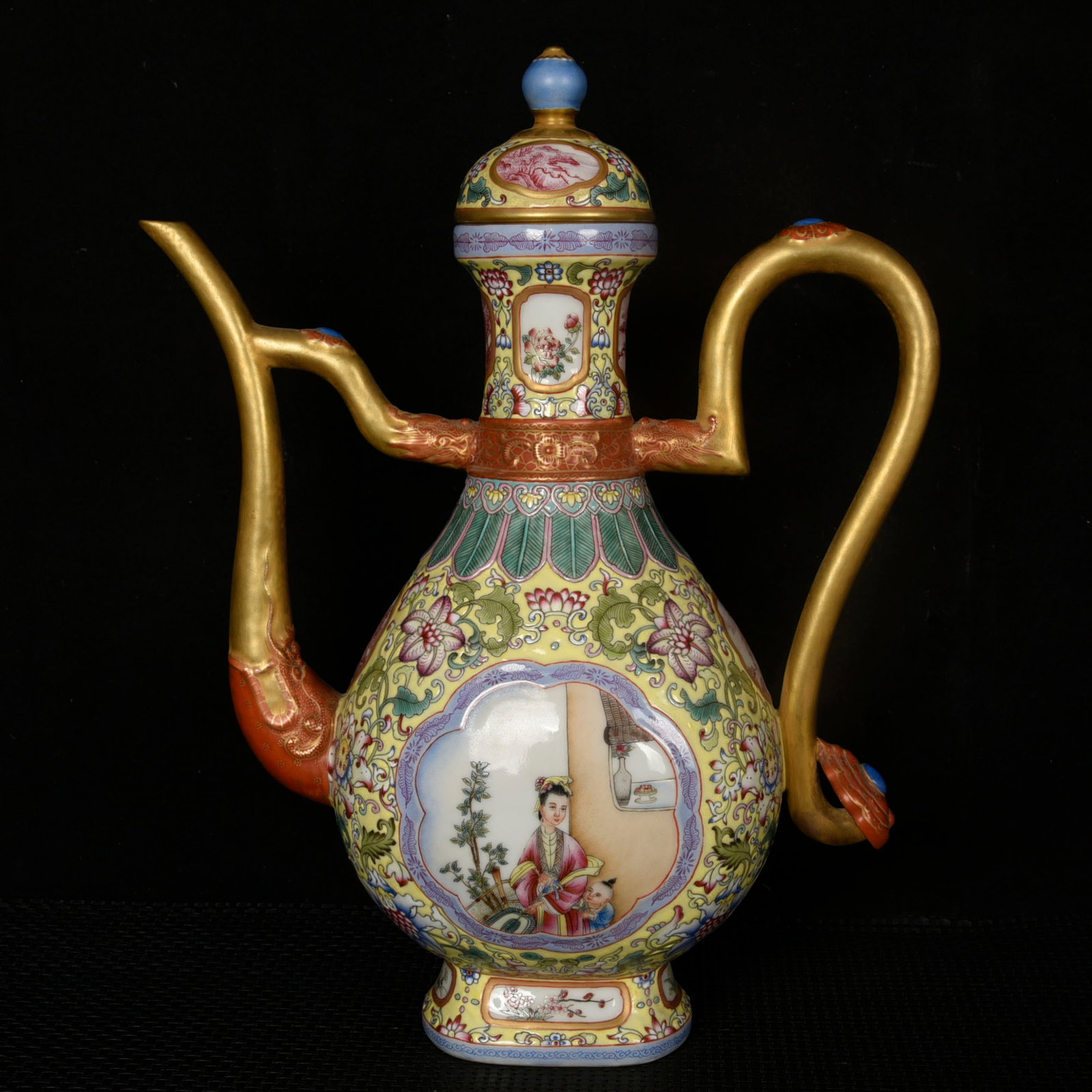 A Rare Yellow Ground Enamel Gilt Figure Pattern Ewer: A Rare Yellow Ground Enamel Gilt Figure Pattern Ewer,Qing Dynasty,China,Qianlong Four-character Mark,Size:13inx10in 黄地珐琅彩鎏金人物纹