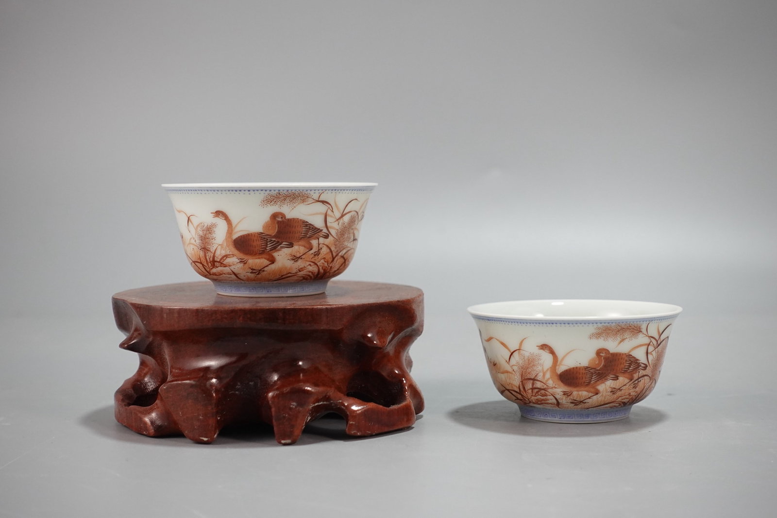 A Pair of Exquisite Ink Color Wild Goose Pattern Cups,with poem: A Pair of Exquisite Ink Color Wild Goose Pattern Cup,with poem,Qing Dynasty,China,Yongzheng Four-character Mark,Size:1.5inx3ins 一对墨彩大雁纹杯子