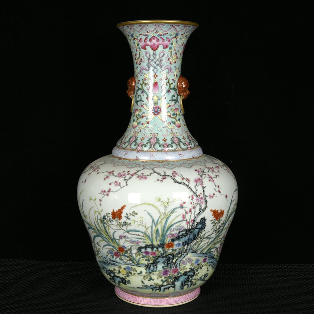A Rare Enamel Painted Gold Flower Pattern Beast-Ears Vase: A Rare Enamel Painted Gold Flower Pattern Beast-Ears Vase,Qing Dynasty,China,Qianlong Six-character Mark,Size:15.4inx9.4in 珐琅彩描金花卉纹兽ň