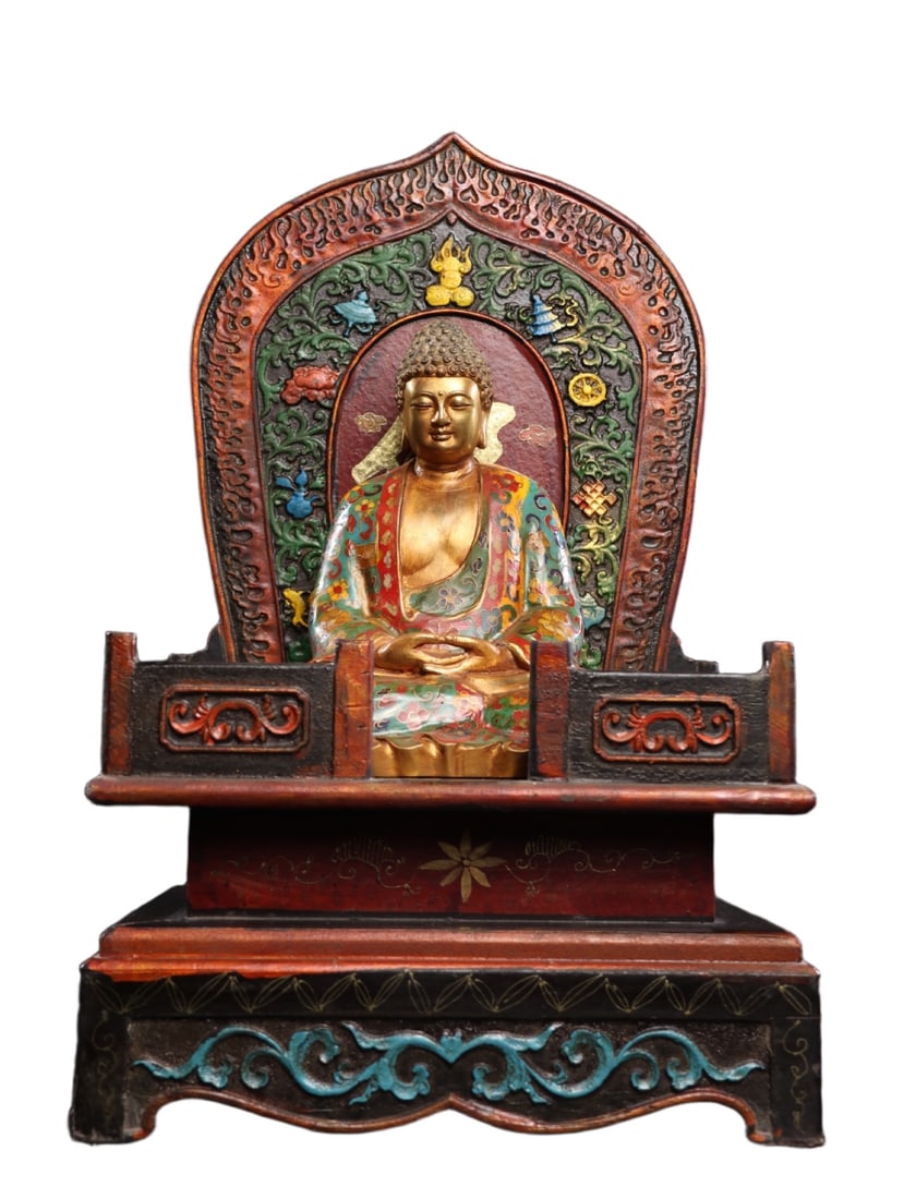 An Exquisite Carved Lacquer Eight Treasures Pattern Niche,with Gilt Bronze Cloisonne Lotus Pattern: An Exquisite Carved Lacquer Eight Treasures Pattern Niche,with Gilt Bronze Cloisonne Lotus Pattern Statue of Sakyamuni,Ming Dynasty,China,Yongle Six-character