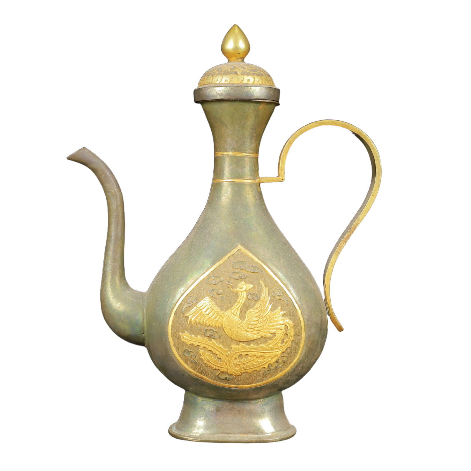 An Exquisite Gilt Silver Phoenix Pattern Ewer: An Exquisite Gilt Silver Phoenix Pattern Ewer,Tang Dynasty,China,Zhenguan Four-Character Mark,Size:7.9inx3.1inx10.2in,Weight:650g 银鎏金凤纹执壶,中Þ