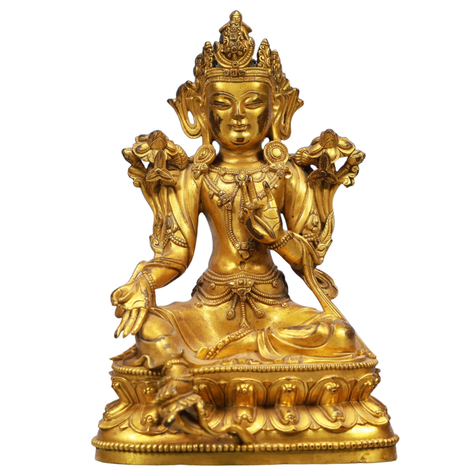 A Solemn Gilt Bronze Statue of Amitayus: A Solemn Gilt Bronze Statue of Amitayus,Qing Dynasty, China,Size:4.7inx3.1inx7.1in,Weight:1300g 铜鎏金无量寿佛像,中国清代