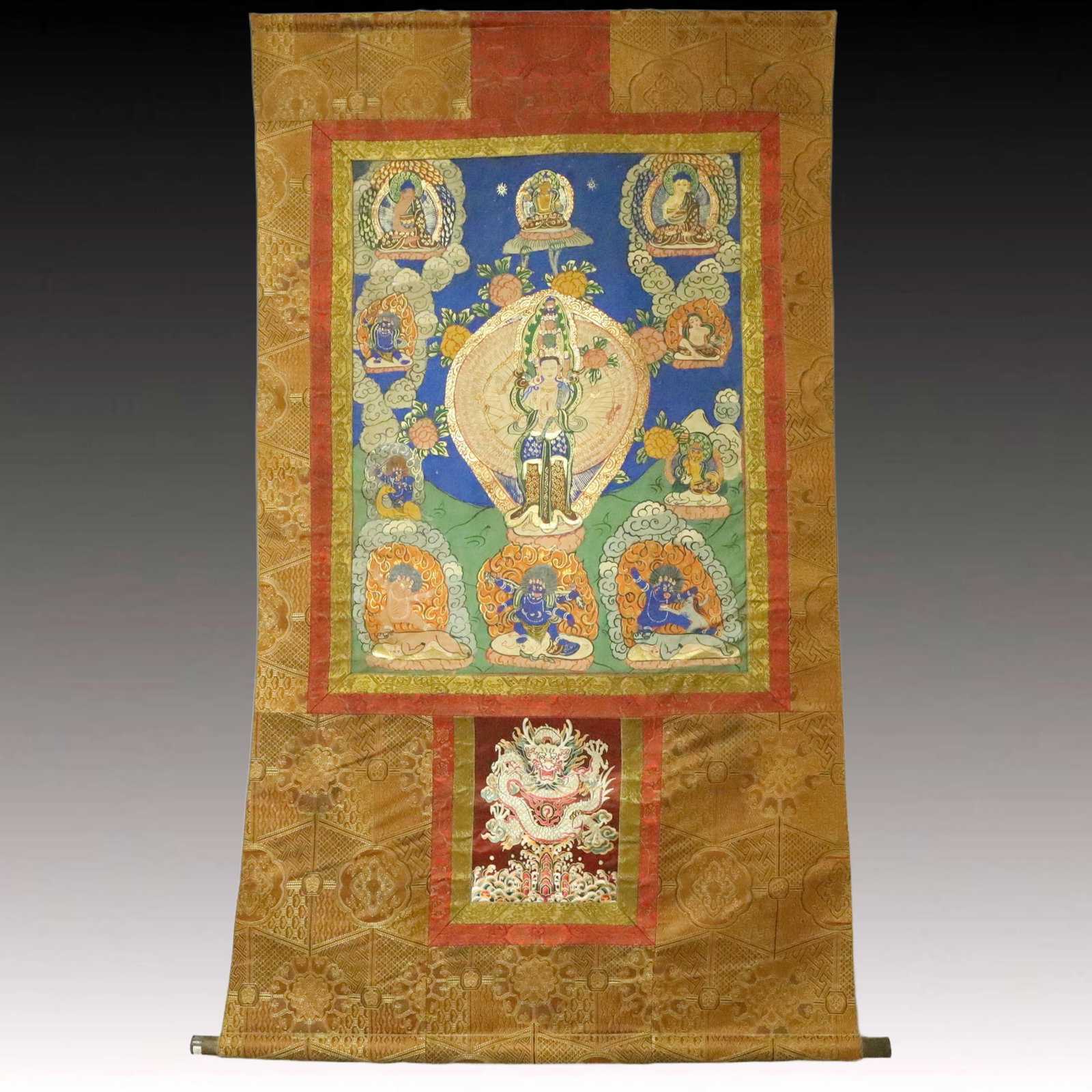 A Rare Brocade Painted Color Statue of Thousand-hand Guanyin Tangka: A Rare Brocade Painted Color Statue of Thousand-hand Guanyin Tangka,Qing Dynasty, China,Size:37inx61.8in 织锦彩绘千手观音像唐卡,ߑ
