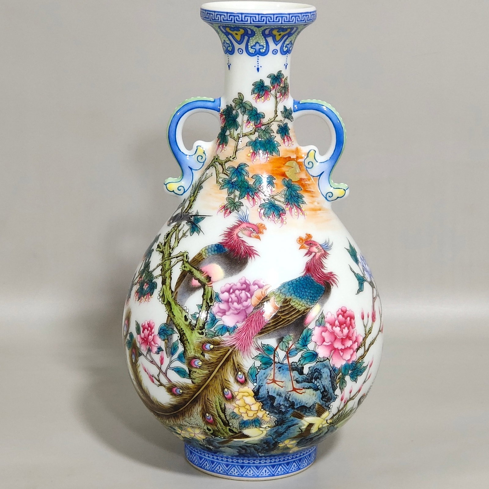 An Exquisite Famille-Rose Flower and Phoenix Pattern Double-Ears Vase,with poem (1 of 7)