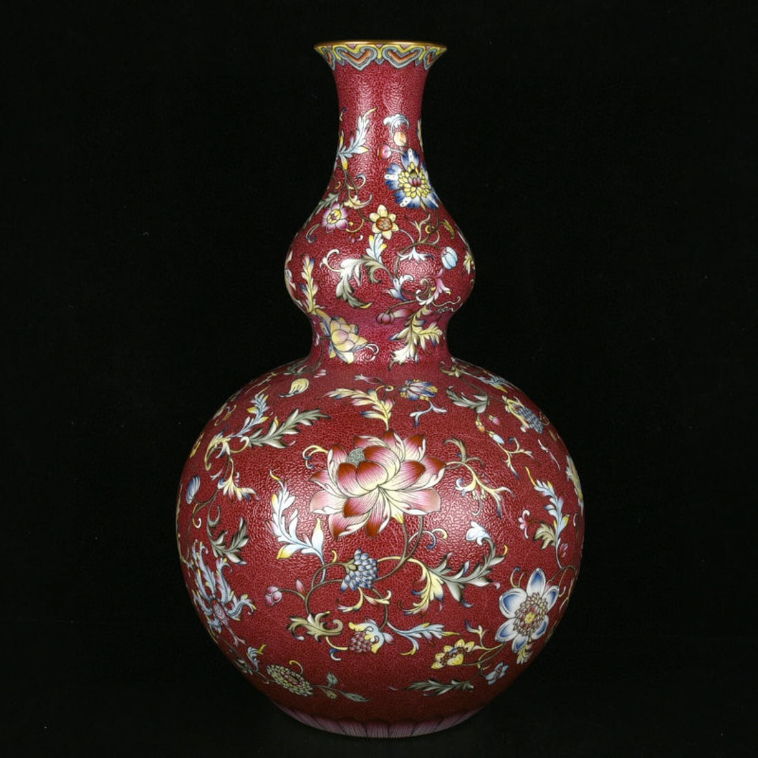 A Rare Red Ground Enamel Painted Gold Flower Pattern Gourd-Shaped Vase: A Rare Red Ground Enamel Painted Gold Flower Pattern Gourd-Shaped Vase,Qing Dynasty,China,Qianlong Six-character Mark,Size:15.4inx9.1in