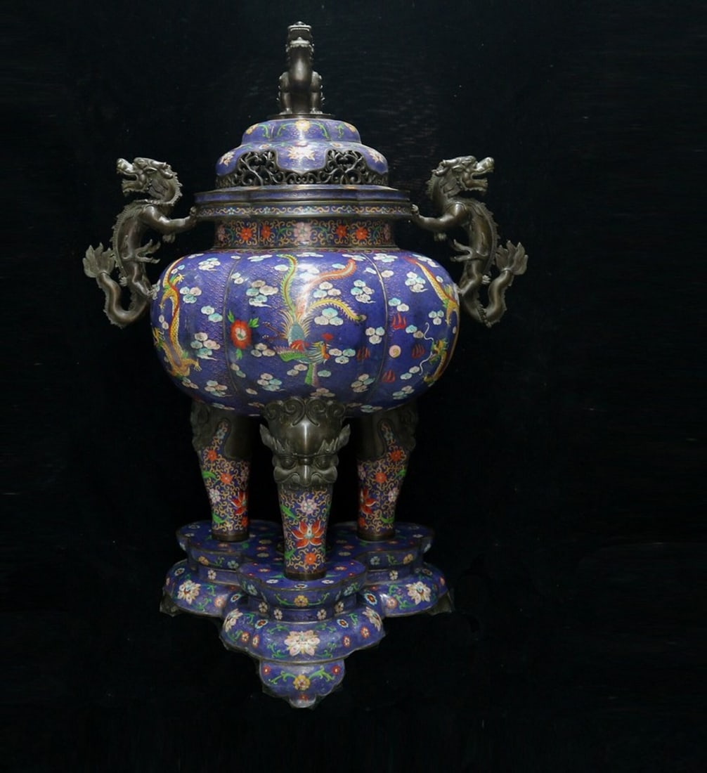 A Huge Cloisonne Dragon and Phoenix Pattern Dragon-Ears and Tripod Censer: A Huge Cloisonne Dragon and Phoenix Pattern Dragon-Ears and Tripod Censer,Qing Dynasty,China,Qianlong Four-Character Mark,Size:47.2inx33.1in,Weight:75kg 景泰蓝龙凤纹
