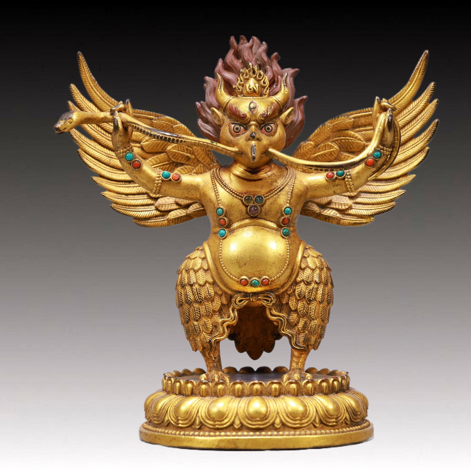 A Solemn Gilt Bronze Statue of Kakasya: A Solemn Gilt Bronze Statue of Kakasya,Qing Dynasty, China,Size:5.1inx3inx6.3inWeight:700g 铜鎏金大鹏鸟像,中国清代