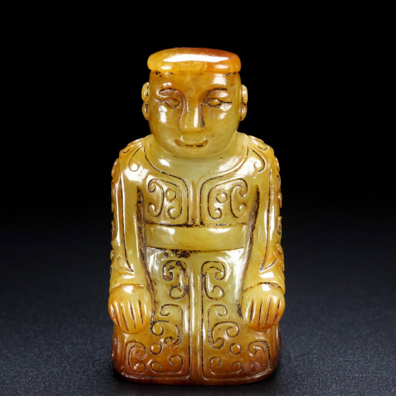 An Archaic Gaogu yu Figure Ornament: An Archaic Gaogu yu Figure Ornament,Ancient Time, China, Size:1.6inx1.2inx2.8in, Weight:123g 高古玉人物摆件,中国远古时期,