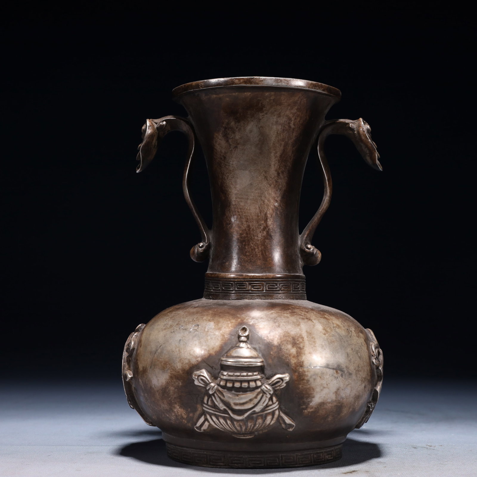 An Exquisite Silver-plated Bronze Eight Treasures Pattern Double-Ears Vase: An Exquisite Silver-plated Bronze Eight Treasures Pattern Double-Ears Vase,Qing Dynasty,China,Qianlong Four-character Mark,Size:5.5inx8.3in,Weight:1150g