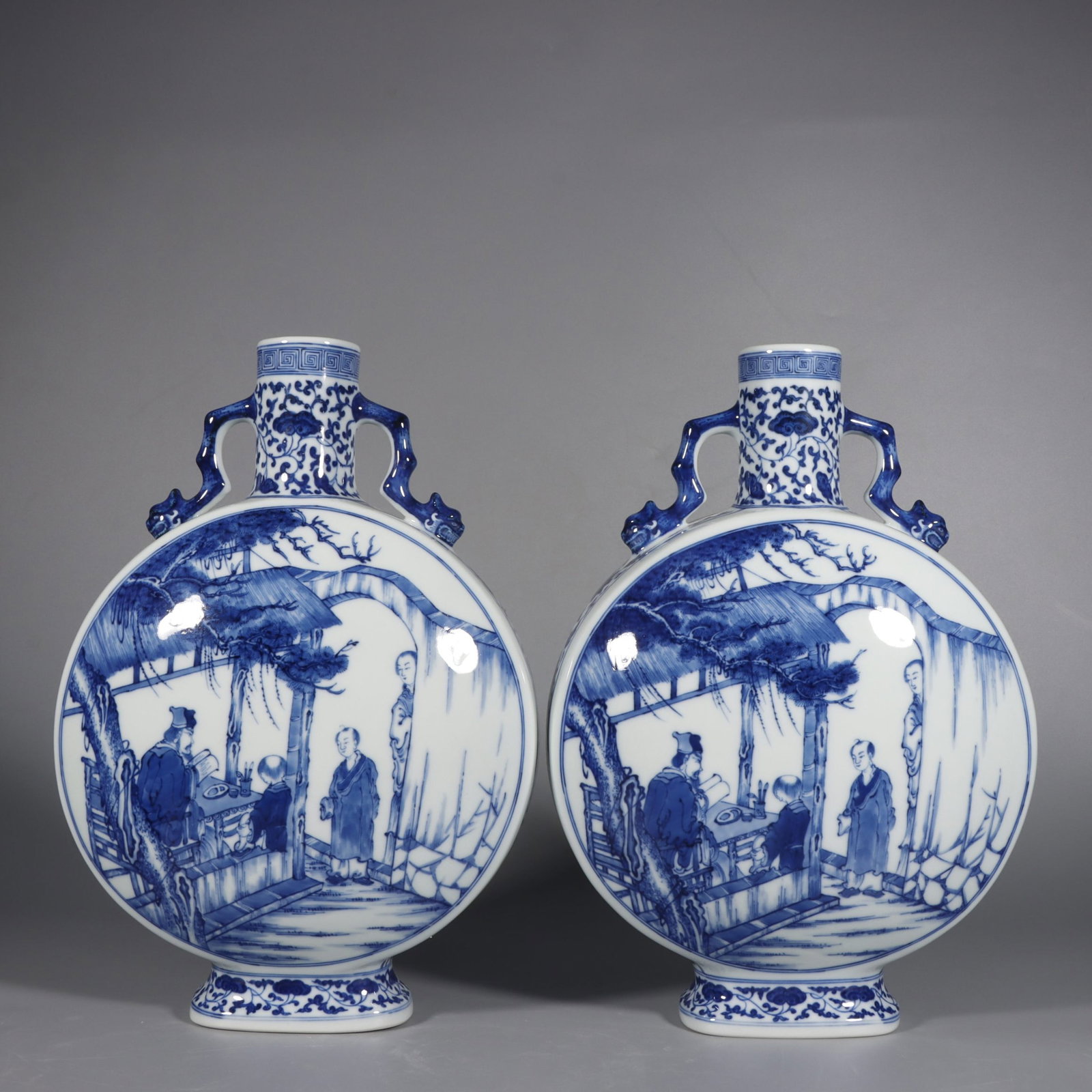A Pair of Rare Blue and White Character and Story Pattern Double-Ears Vases: A Pair of Rare Blue and White Character and Story Pattern Double-Ears Vases,Qing Dynasty,China,Yongzheng Six-character Mark,Size:32 .0.8inx9.1in 一对青花人物故