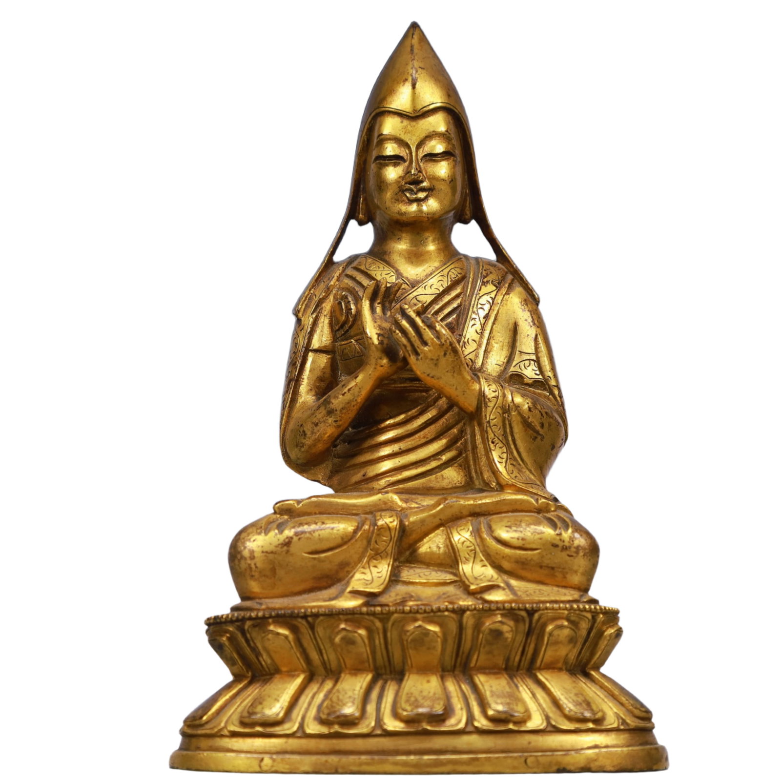 A Solemn Gilt Bronze Statue of Tsongkhapa: A Solemn Gilt Bronze Statue of Tsongkhapa,Qing Dynasty, China,Size:3.9inx2.8inx6.5in,Weight:700g 铜鎏金宗喀巴像,中国清代