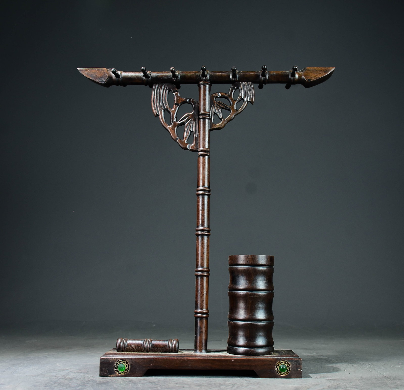 A Rare Ebony Bamboo Pattern Brush Holder,Inlaid Gems: A Rare Ebony Bamboo Pattern Brush Holder,Inlaid Gems,Qing Dynasty,China,Size:14.2inx12.6inx2.8in