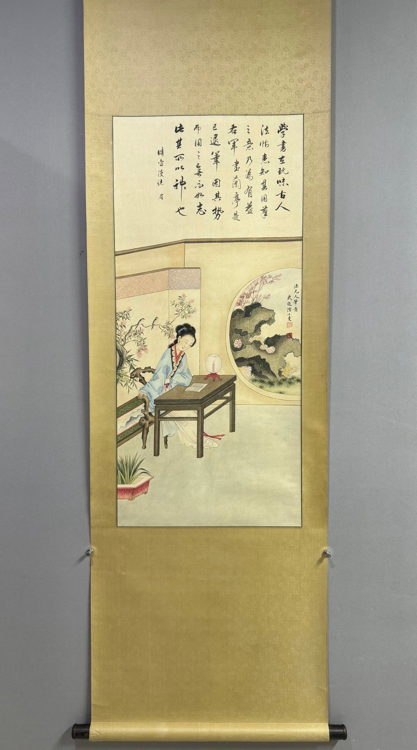 A Chinese Vertical Scroll Ink Painting of Character and Story on Paper: A Chinese Vertical Scroll Ink Painting of Character and Story on Paper,Lu Xiaoman,Size:40.2inx18.1in 一幅中国水墨人物故事画立