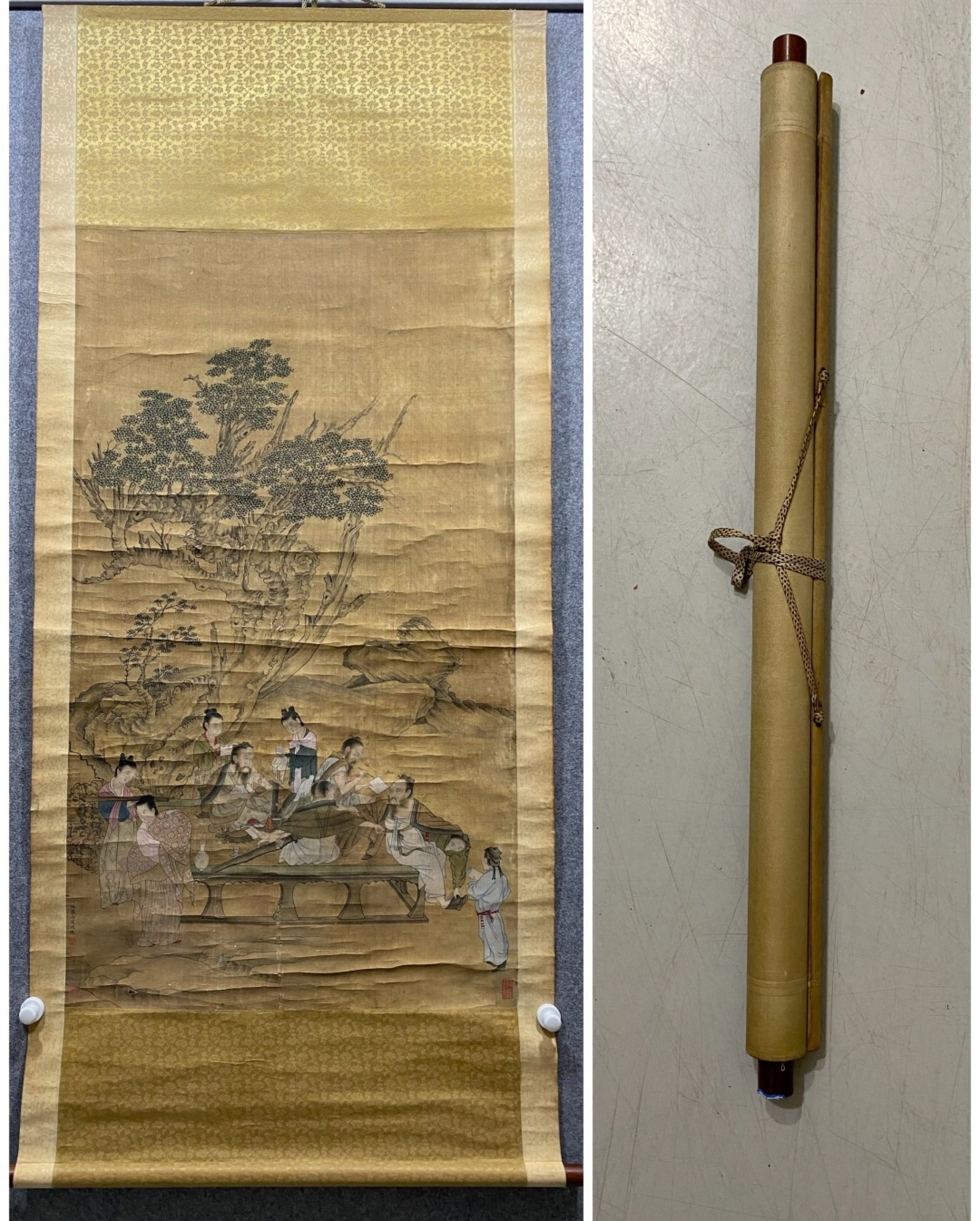 A Chinese Vertical Scroll Ink Painting of Landscape and Figure on Silk: A Chinese Vertical Scroll Ink Painting of Landscape and Figure on Silk,Chou Zhu,Size:44.9inx25.6in 一幅中国水墨绢本山水人物Ĭ