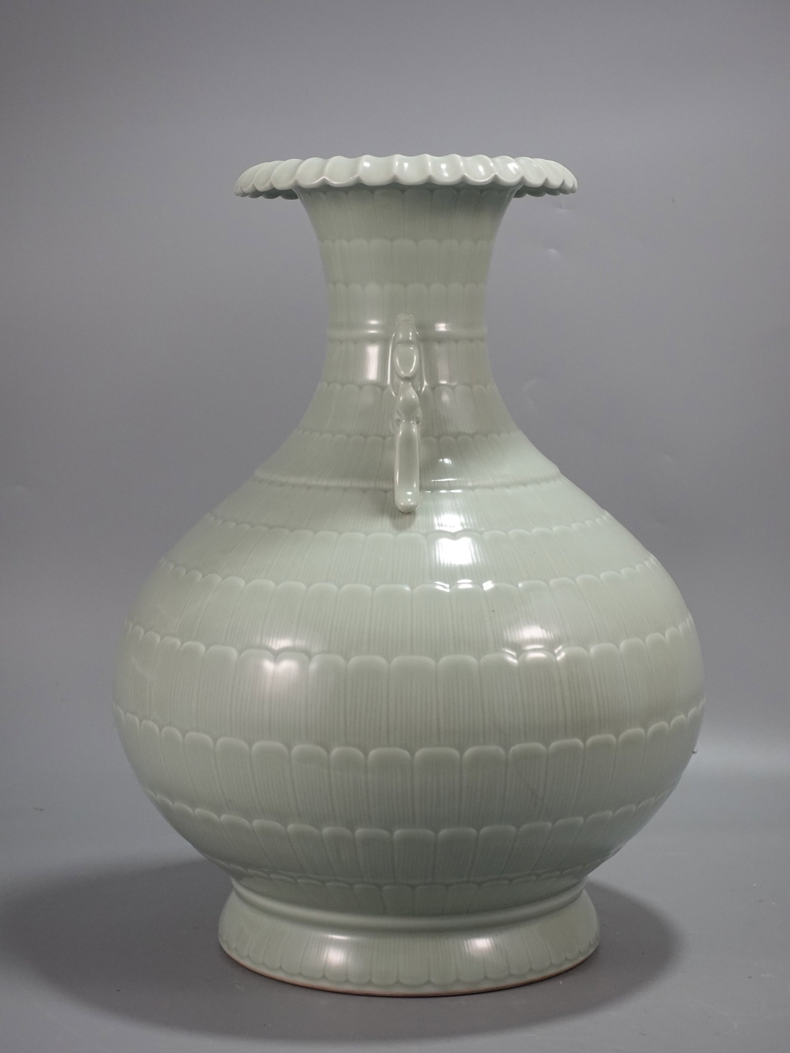 A Huge Celadon Glazed Double-Ears Vase: A Huge Celadon Glazed Double-Ears Vase,Qing Dynasty,China,Qianlong Six-character Mark,Size:17.1inx11.4in 粉青釉双耳瓶,中国清代,乾Ɓ